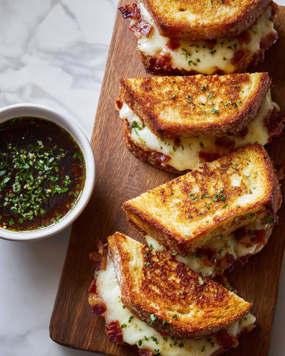 A wooden bowl is filled with six thick, golden-brown sandwiches stacked closely together. Each sandwich has two thick, crispy layers of bread with a golden toasted texture, slightly uneven and browned in spots. Between the bread layers, melted white cheese oozes out, with a few pieces of dark, crispy bacon peeking through. The tops of the sandwiches are sprinkled with finely chopped green herbs and a light dusting of salt crystals, adding a fresh contrast to the warm colors. The bowl sits on a white marbled texture. Photo taken with an iphone --ar 4:5 --v 7