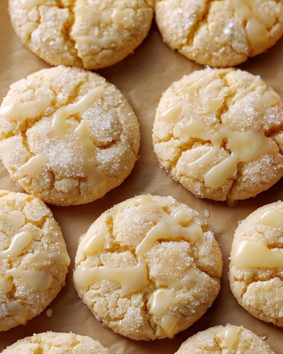 The image shows a close-up of soft, round sugar cookies arranged tightly together on a sheet of parchment paper. Each cookie has one visible layer with a cracked, pale golden surface texture covered in coarse white sugar crystals around the edges and a light drizzle of a creamy, off-white glaze scattered unevenly on top. The cookies have a slightly crumbly appearance and are warm-toned with gentle shadows that highlight their texture, set against the smooth parchment base. photo taken with an iphone --ar 4:5 --v 7