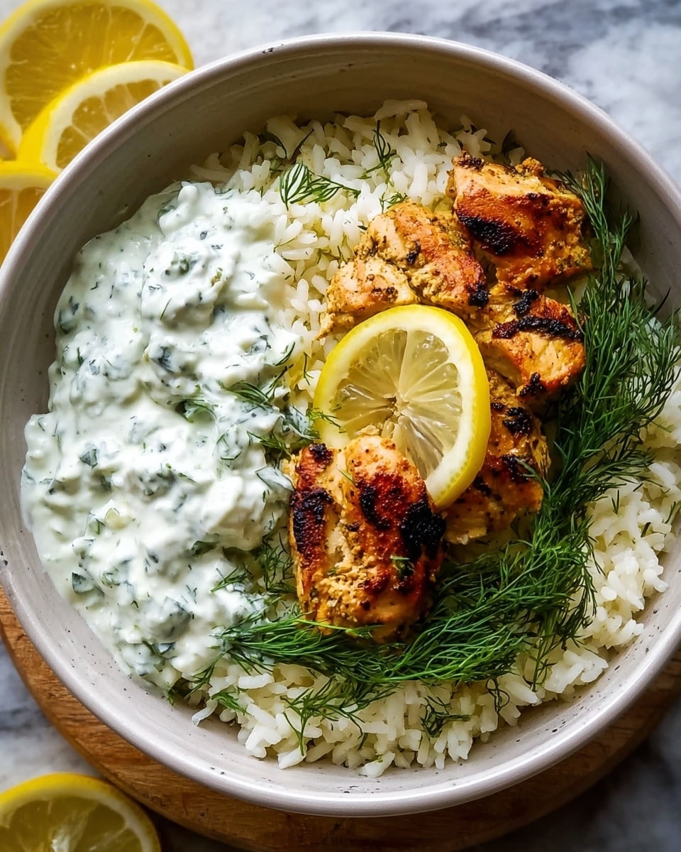 In a white bowl, there is a base layer of cooked white rice with a soft, fluffy texture. On top of the rice are three grilled chicken pieces, slightly browned with some charred spots, giving a crispy look. A thin lemon slice rests neatly on one piece of chicken, adding a fresh yellow color. To the side of the chicken, there is a dollop of creamy white sauce mixed with green herbs, giving it a speckled look. Fresh green dill sprigs are scattered over the chicken, rice, and sauce to add a bright touch of color. The bowl sits on a white marbled surface with two lemon halves placed nearby. photo taken with an iphone --ar 4:5 --v 7