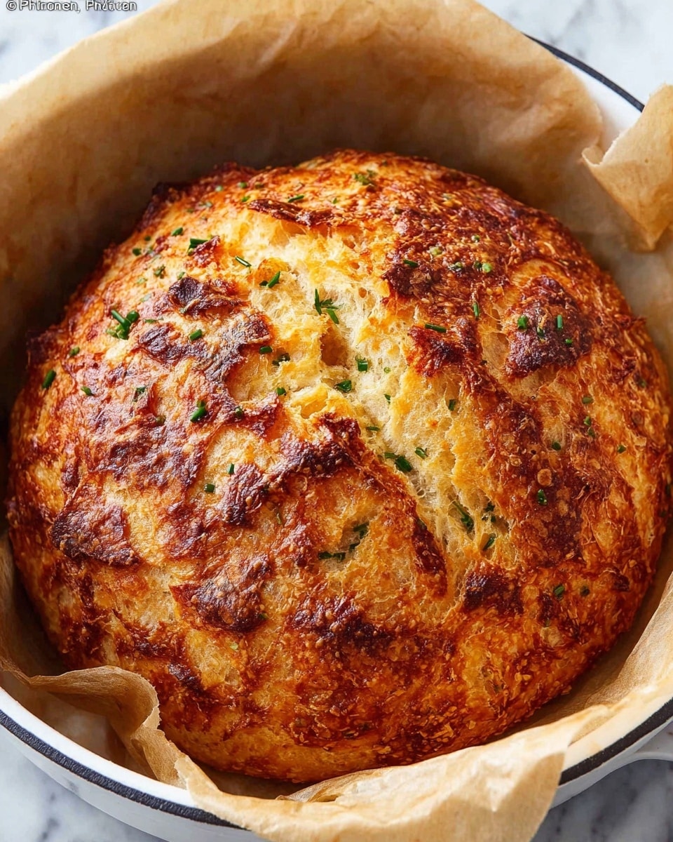 A round loaf of bread with a golden brown, crispy crust sits in a white-lined baking dish. The surface of the bread is textured with rough, uneven spots of darker brown where it has baked more, and a visible crack runs across the top, showing a lighter, soft inside. Small green herb bits are scattered on the crust, adding color contrast. The bread rests on a sheet of parchment paper that is slightly wrinkled. The background shows a white marbled texture. photo taken with an iphone --ar 4:5 --v 7