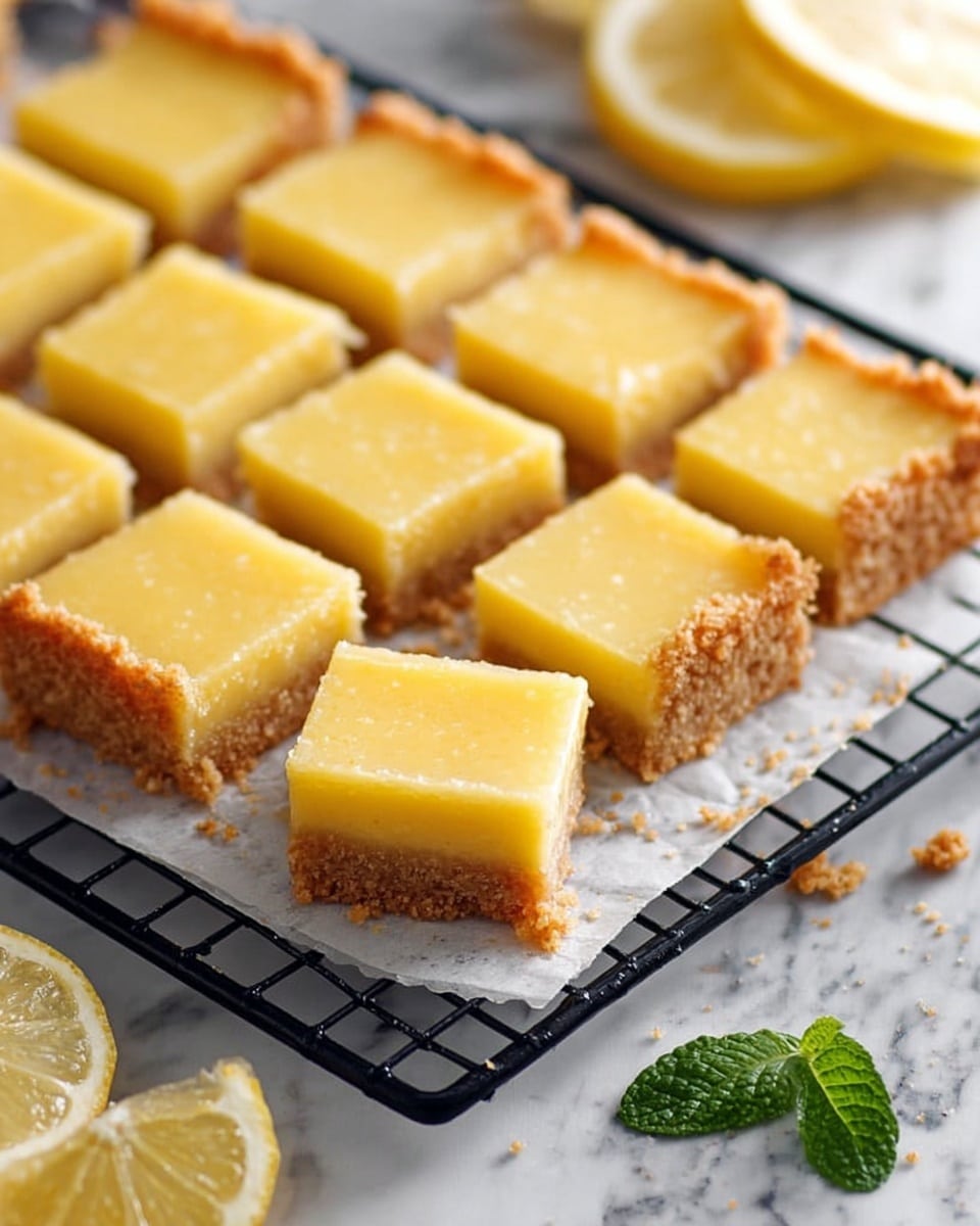 The image shows twelve lemon bars arranged in three rows of four on a black cooling rack over white parchment paper, placed on a white marbled surface. Each lemon bar has two layers: a thick, crumbly, golden brown crust base with rough texture and an even, glossy pale yellow lemon filling on top with smooth texture and sharp edges. The bars are square-shaped, neatly cut, with some crumbs on the sides. There is a small mint sprig and half a lemon wedge placed near the bottom right corner, and blurred lemon wedges in the background. Photo taken with an iphone --ar 4:5 --v 7