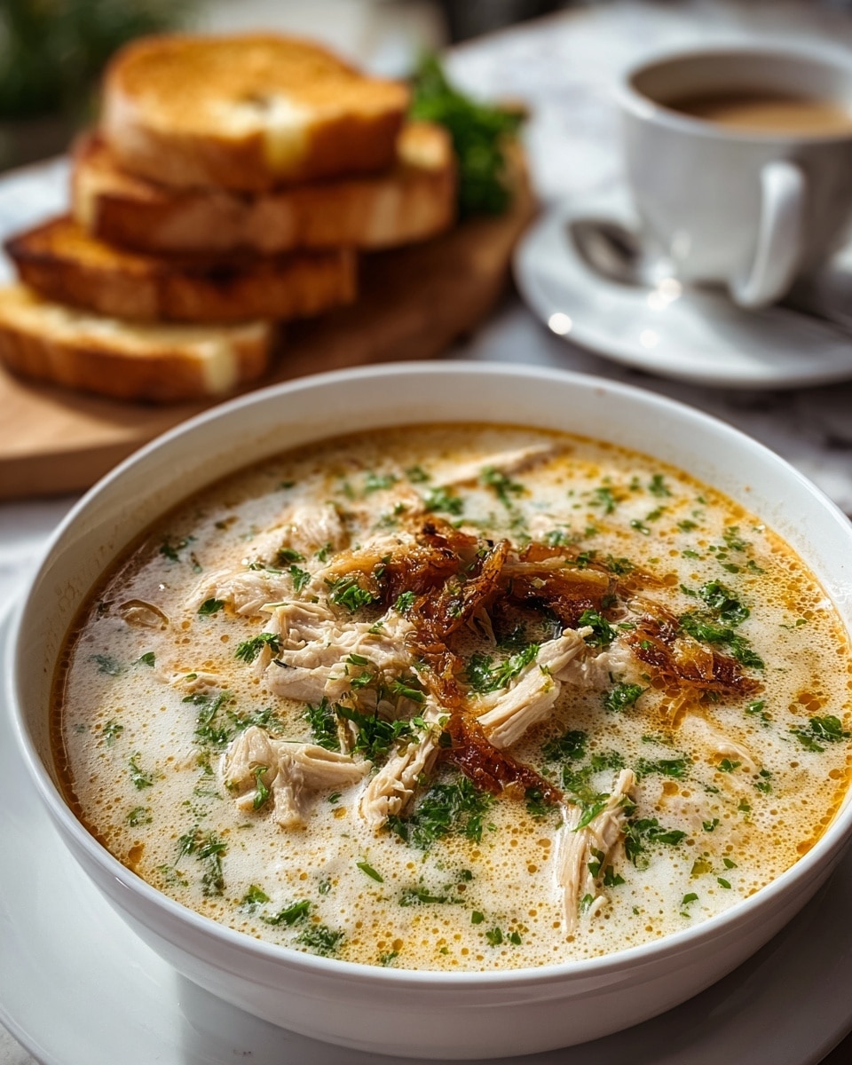 The image shows a close-up of a white bowl filled with creamy chicken soup, topped with bits of browned, crispy chicken and sprinkled green herbs, likely parsley, scattered across the surface in an uneven layer. The soup has a slightly frothy texture with visible pieces of shredded white chicken within the creamy broth, which has a warm golden hue around the edges. Behind the bowl, blurred but visible, are pieces of toasted bread with a golden crust stacked casually on a wooden board, and a white cup with some beverage, placed on a white saucer. The setting rests on a white marbled surface, enhancing the warm and cozy feel of the scene. photo taken with an iphone --ar 4:5 --v 7