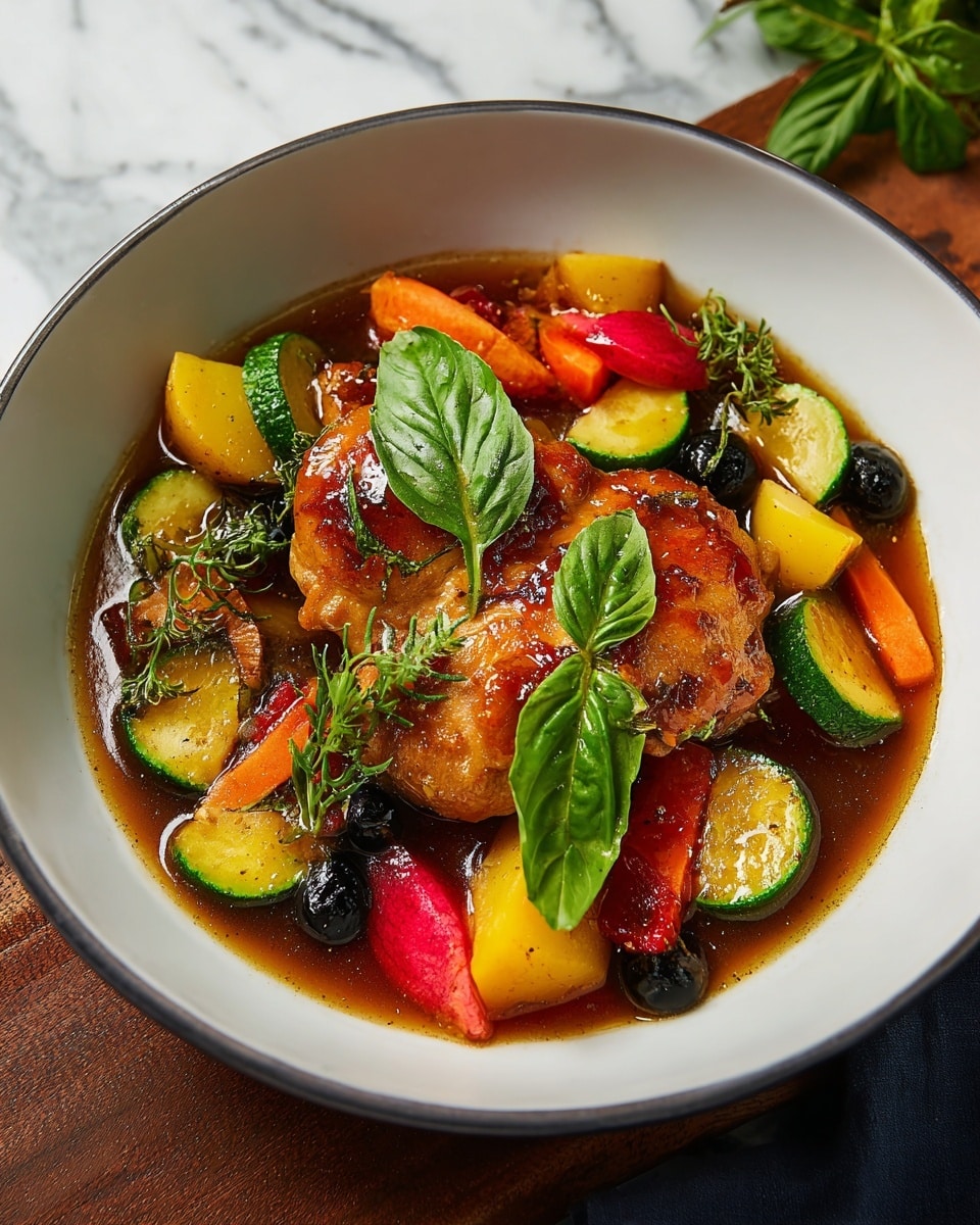 A dark bowl filled with a rich, brown broth soup that has visible small herbs sprinkled on top, with chunky vegetable pieces like bright orange carrots, green zucchini, and yellow potatoes mixed in. A piece of grilled or roasted chicken with a golden-brown crust rests on a spoon above the soup, showing charred texture and juicy inside. On the left side of the bowl, there is a thick slice of crusty bread with a soft, airy inside. The background includes a few green herbs and a white marbled texture surface. photo taken with an iphone --ar 4:5 --v 7