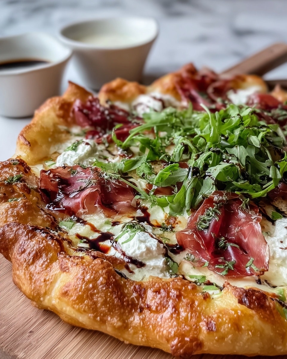 The image shows a golden brown pizza with a thick, puffy crust that is slightly charred and bubbly. The first layer is melted white cheese covering the pizza base, followed by dollops of soft white ricotta cheese spread evenly. On top of this are thin, folded slices of deep red prosciutto arranged across the pizza. Green arugula leaves are scattered generously in the center and around the prosciutto, adding a fresh contrast. The pizza is finished with a light sprinkling of herbs and a drizzle of dark balsamic glaze. In the background, two small white bowls with dips or sauces sit on a white marbled surface. The photo is taken close up, emphasizing the textures and colors of the pizza. photo taken with an iphone --ar 4:5 --v 7