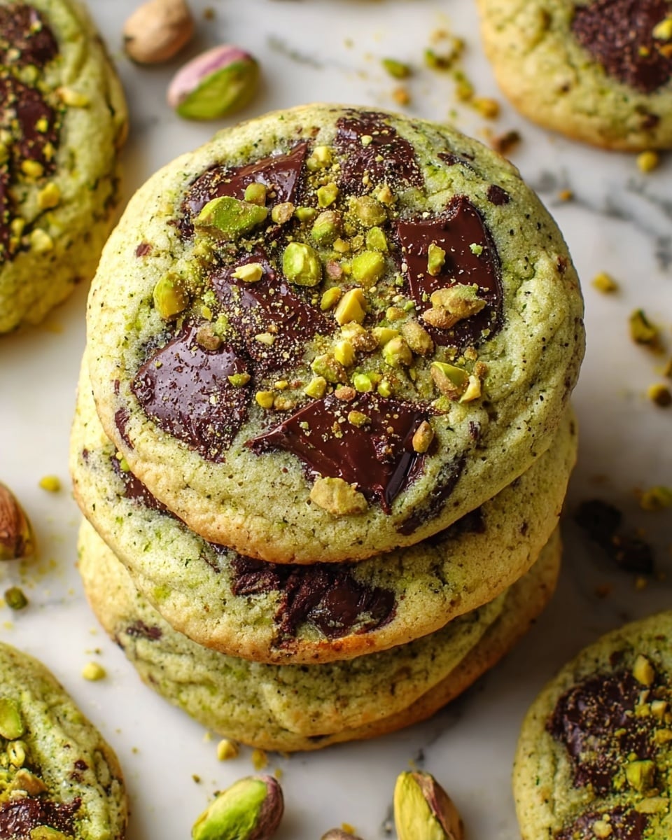 The image shows four round cookies stacked on each other on a white marbled surface. Each cookie has a light green dough with dark brown, melted chocolate chunks spread unevenly on top. They are sprinkled with small pieces of crushed pistachios, adding texture and a pop of brighter green color. Whole and split pistachios are scattered around the cookies, making the scene look natural and tasty. The cookies have a soft, slightly cracked texture on the edges and smooth chocolate areas in the center. photo taken with an iphone --ar 4:5 --v 7