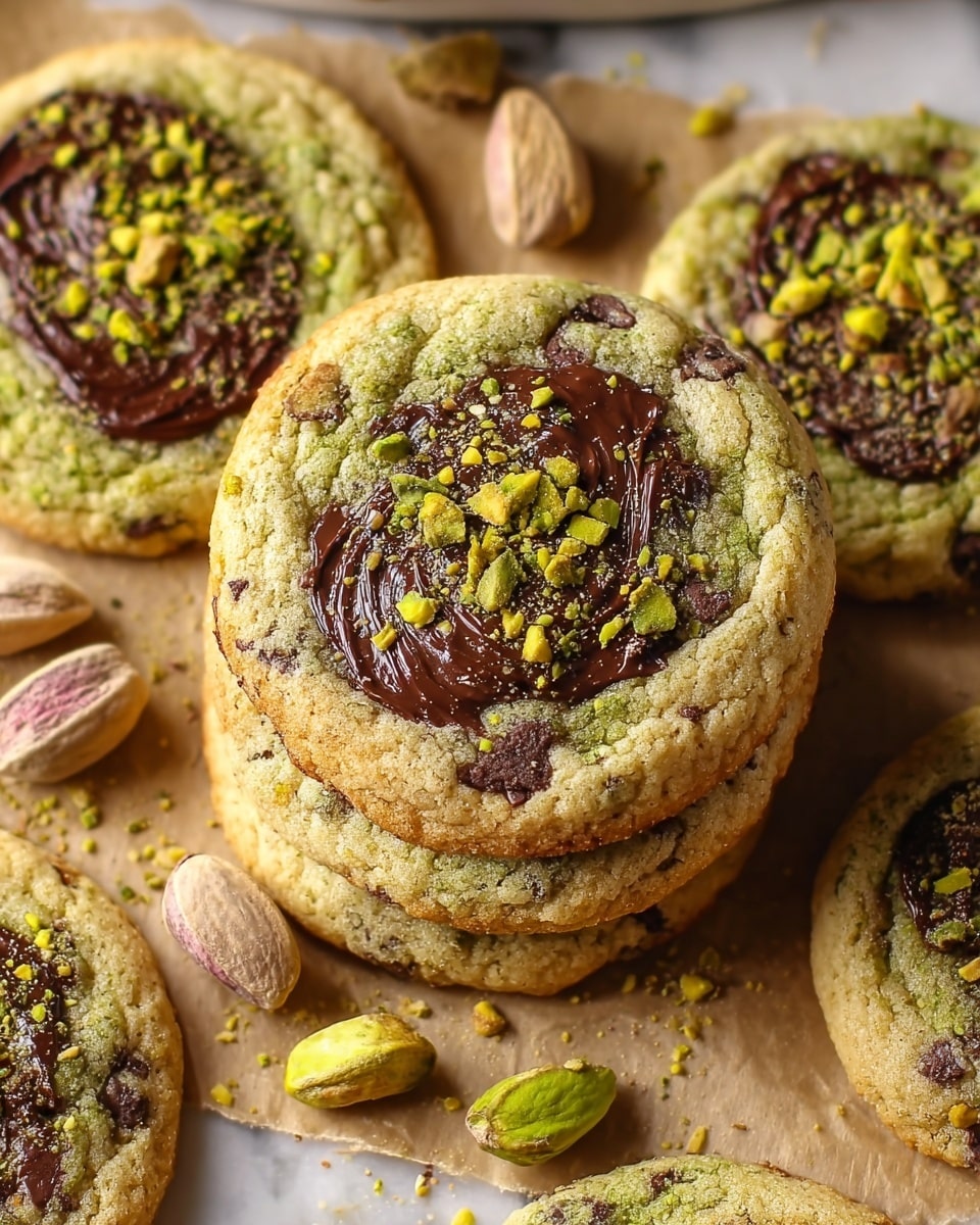 The image shows several round cookies stacked and scattered on brown parchment paper over a white marbled surface. Each cookie has a golden-brown edge with a soft texture in the center, which has a mix of green and light brown colors from the pistachio dough. Dark brown patches of melted chocolate are swirled into the top layer, giving a rich contrast. The cookies are topped with small crushed pistachio pieces, adding green and yellow speckles. Whole and shelled pistachios are placed around the cookies, enhancing the green color theme. photo taken with an iphone --ar 4:5 --v 7