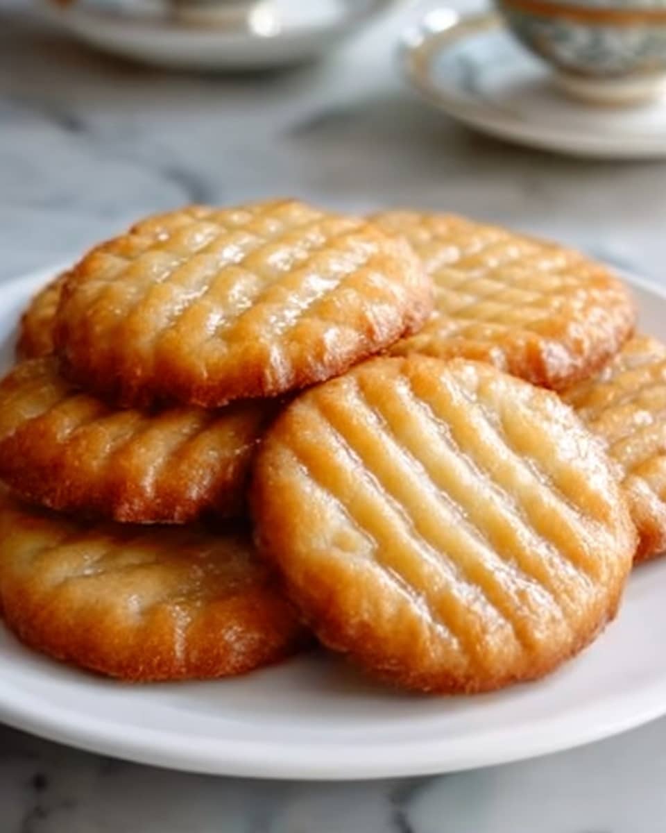 A white plate holds a stack of round golden brown cookies. Each cookie has a fluted edge and a pattern of three pale yellow glaze stripes across the center. The cookies have a shiny, sticky honey glaze that makes them look moist and fresh. Some coarse sugar crystals are sprinkled on top, adding texture and sparkle. The plate is placed on a white marbled surface, and there is a blurred white cup and saucer visible in the background. Photo taken with an iphone --ar 4:5 --v 7
