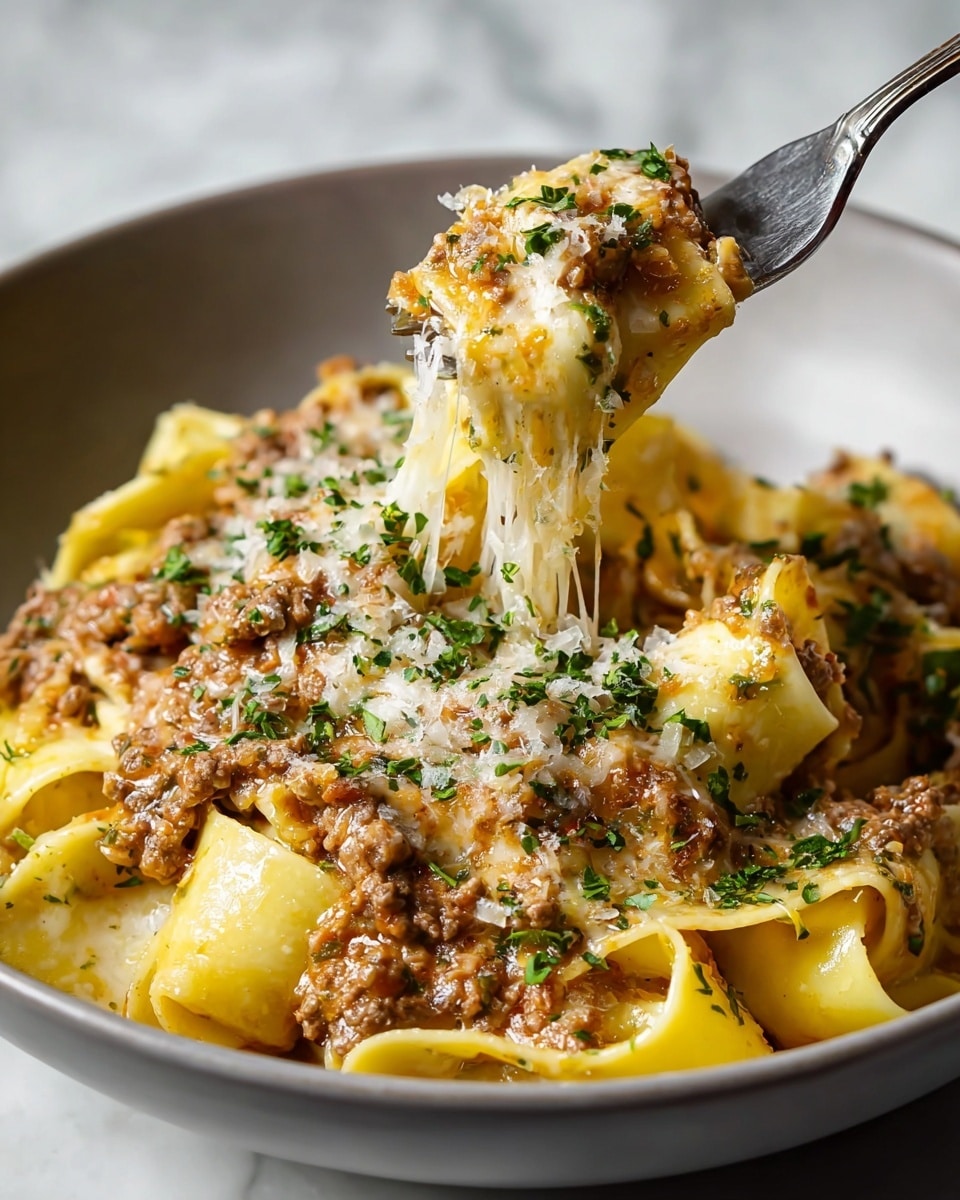 The dish shows a close-up of creamy pasta with wide, yellow noodles that have a smooth texture and soft curls around the edges, topped with a thick layer of light brown, chunky meat sauce mixed with melted white cheese stretching in strings as a fork lifts a bite. Fresh green chopped herbs are sprinkled over the top, adding bright color contrast against the pasta and sauce. The pasta is served in a white bowl with a matte finish, placed on a white marbled surface, and a silver fork is holding up a portion in the center of the image. Photo taken with an iphone --ar 4:5 --v 7