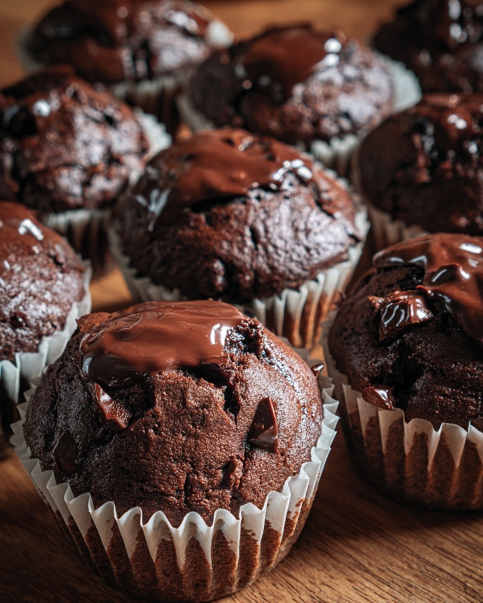 The image shows several rich, dark chocolate muffins in white paper liners arranged close together on a wooden surface, each muffin topped with a glossy, slightly melted layer of smooth chocolate. The muffins have a textured surface with small cracks, revealing a moist interior, and bits of chocolate chunks embedded in the batter add extra detail. The warm lighting enhances the deep brown tones and highlights the shiny chocolate topping, creating a cozy and inviting look. photo taken with an iphone --ar 4:5 --v 7