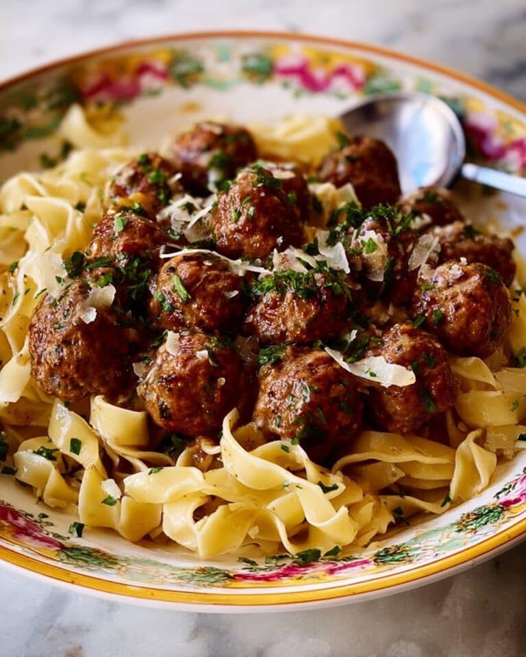 Salisbury Steak Meatballs with Onion and Beefy Sauce over Egg Noodles Recipe