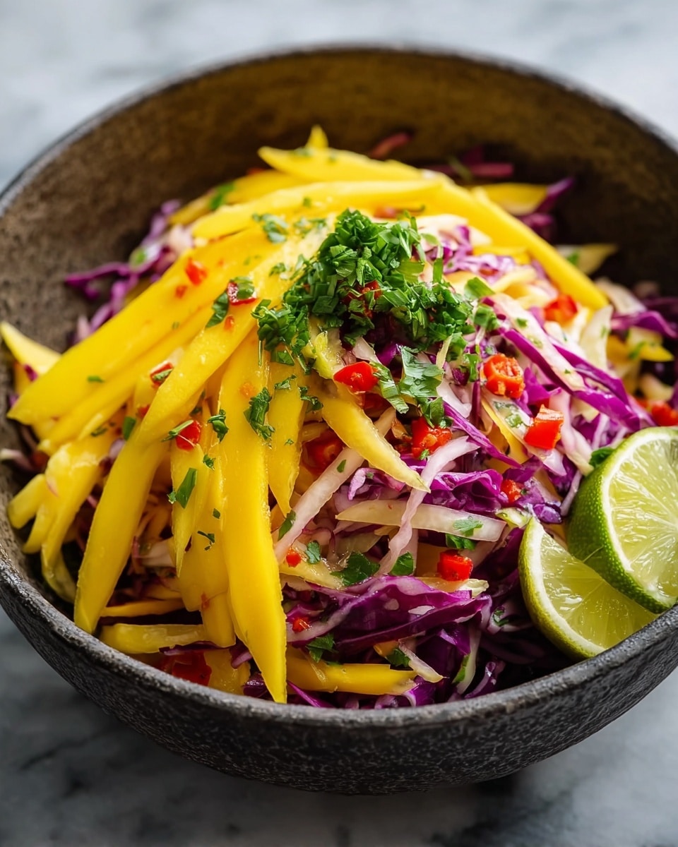 A bowl filled with a colorful salad showing three main layers: thin yellow mango strips as the top layer, underneath are bright purple and white cabbage shreds mixed with red chili pieces, and scattered green chopped herbs on top for freshness. A lime slice rests on the edge inside the bowl. The salad is in a textured dark bowl set on a white marbled surface. photo taken with an iphone --ar 4:5 --v 7