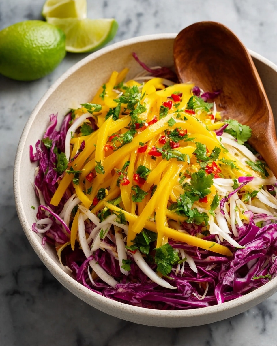 A white bowl filled with a colorful salad made of three visible layers: the bottom layer is thin strips of purple cabbage, the middle layer has thin white strips likely of a vegetable like jicama, and the top layer is bright yellow mango strips mixed with small red chili pieces and chopped green cilantro leaves scattered on top. The bowl is placed on a white marbled surface with lime wedges visible in the background and a wooden spoon nearby. photo taken with an iphone --ar 4:5 --v 7