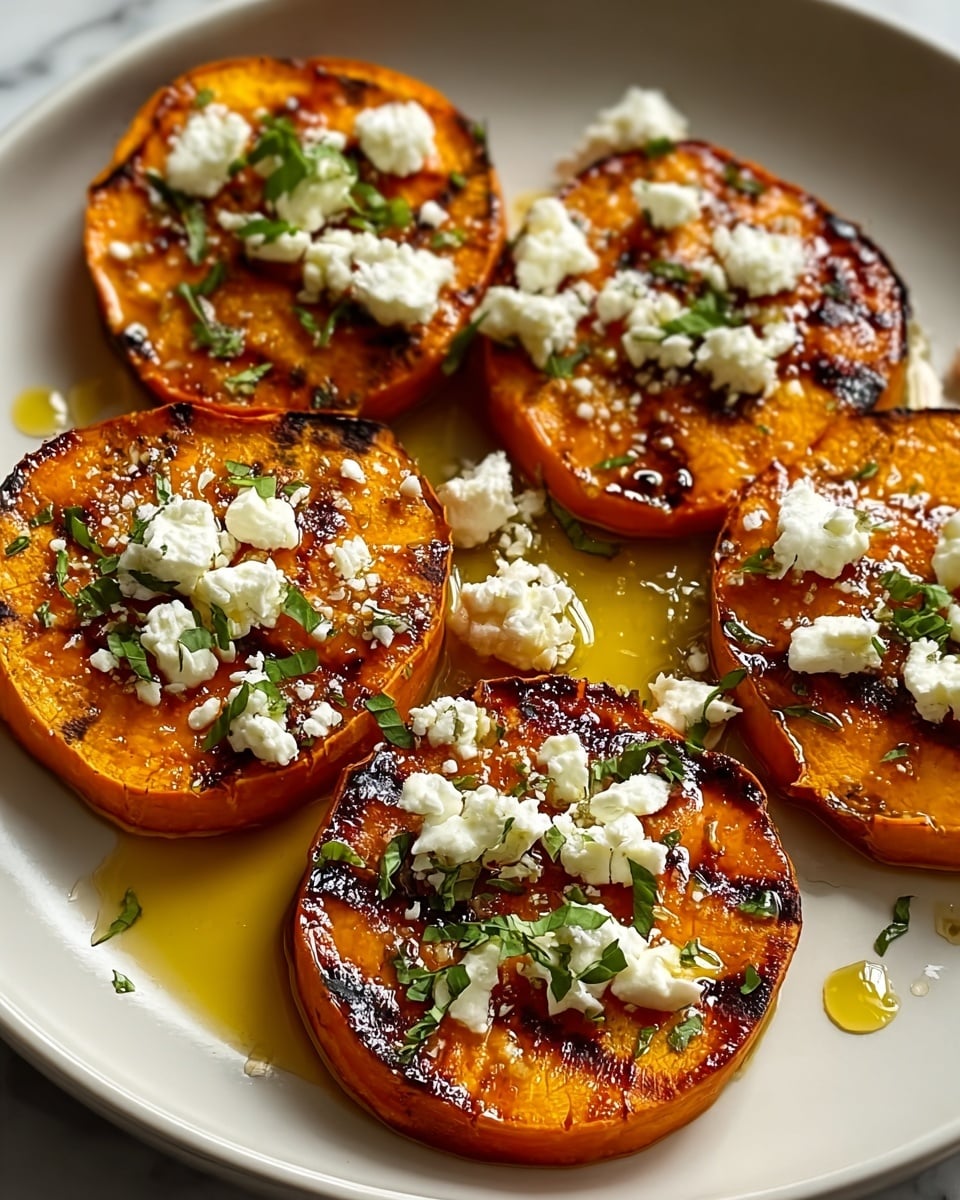 A white plate holds five thick, round slices of sweet potato, each with a slightly charred, golden-orange surface showing caramelized grill marks. On top of each slice are scattered small dollops and crumbles of white cheese with a soft texture, sprinkled with fresh green herb leaves. A drizzle of shiny golden oil pools lightly around the sweet potato slices, adding a glossy finish. The background is a clean white marbled surface. photo taken with an iphone --ar 4:5 --v 7