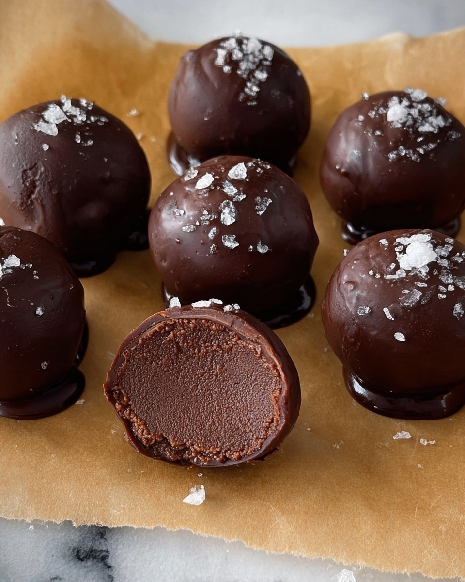 The image shows eight round chocolate truffles on a sheet of light brown parchment paper over a white marbled surface. Each truffle has a smooth, shiny dark brown chocolate coating with a few flakes of white sea salt sprinkled on top. One truffle in the center is cut open, revealing two layers inside: a dense, dark brown chocolate filling with a slightly textured surface in the middle, and a thin, glossy dark chocolate shell around it. The truffles sit closely together, some with small pools of chocolate beneath them. photo taken with an iphone --ar 4:5 --v 7