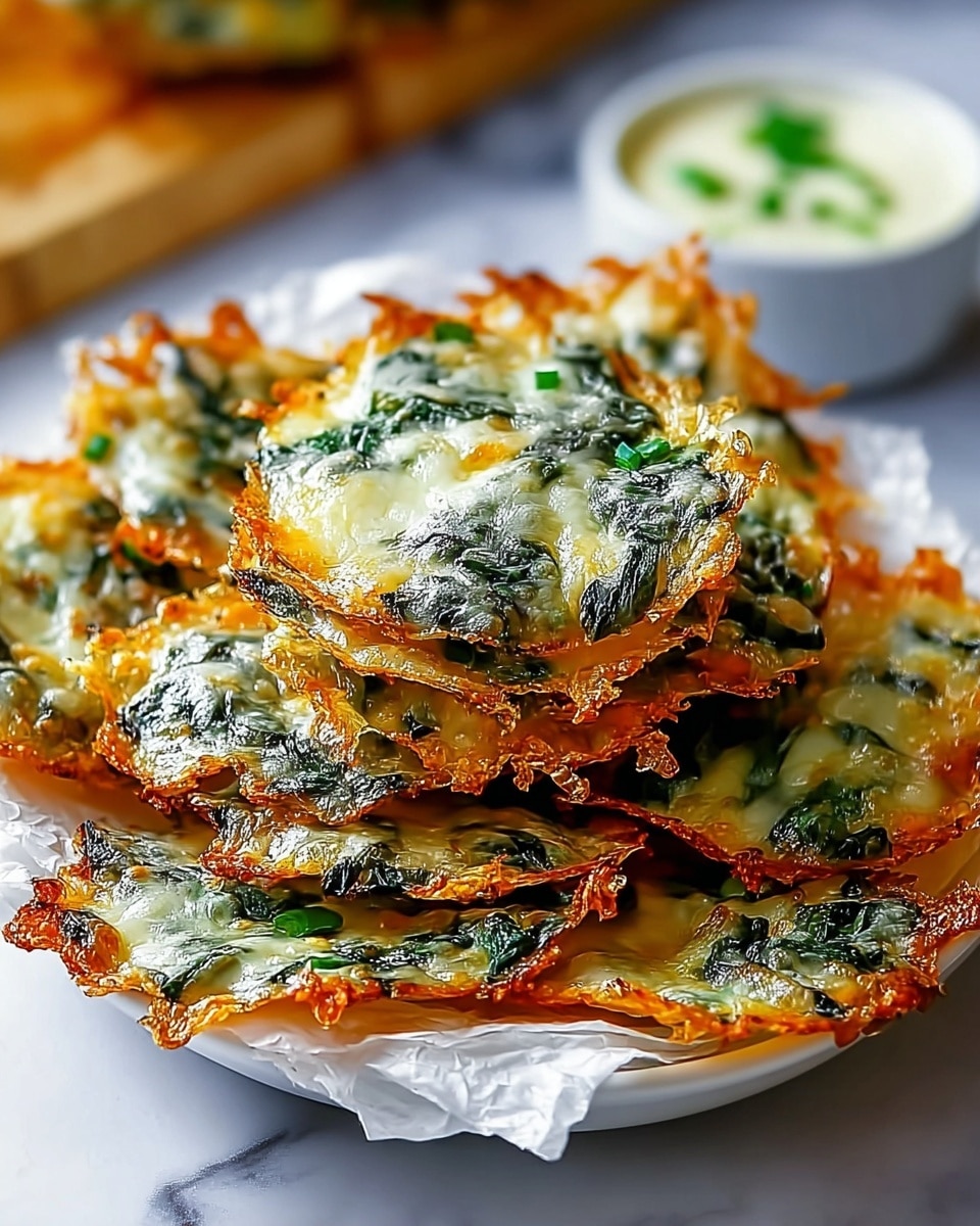 A pile of crispy cheese crisps with visible chopped spinach pieces are stacked on a white round plate lined with white parchment paper, the crisps are golden brown and have melted cheese with green spinach evenly spread on each piece, showing a slightly curled texture around the edges. The plate sits on a white marbled surface with a blurred white bowl of creamy dip in the background, adding depth to the image. photo taken with an iphone --ar 4:5 --v 7