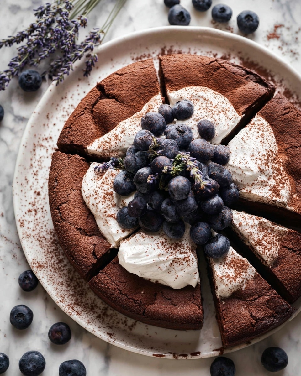 A round chocolate cake with a cracked top is sliced into ten pieces and placed on a white plate. The cake has a thick layer of whipped cream in the center, sprinkled with cocoa powder. On top of the whipped cream, there is a pile of fresh, dark blueberries and a small sprig of lavender for decoration. Extra blueberries are scattered around the cake on the white marbled surface. photo taken with an iphone --ar 4:5 --v 7