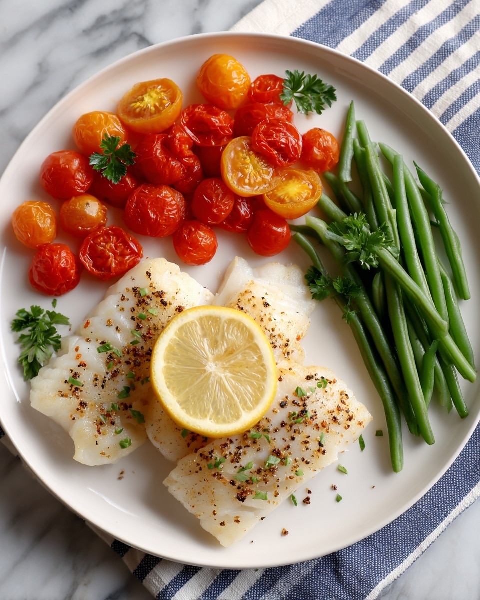 A white plate holds a simple meal with three main parts arranged separately. At the bottom center are two pieces of light golden fish fillets, sprinkled with black pepper and tiny green herb bits, topped with a thin, round slice of lemon showing its pale yellow inside. On the top left of the plate, there are bright orange and red roasted cherry tomatoes with a small green parsley leaf next to them. To the right side of the plate, a small bunch of fresh green beans lies together, showing their smooth texture. The background is a white marbled surface with a blue and white striped cloth partially visible under the plate. photo taken with an iphone --ar 4:5 --v 7