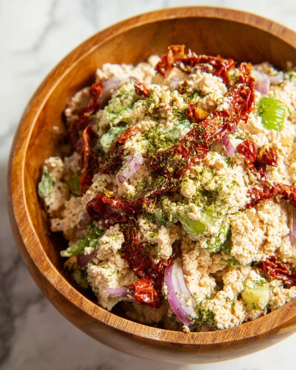The image shows a close-up of a salad served in a wooden bowl on a white marbled surface. The salad has three main layers: the bottom layer consists of creamy crumbled tofu mixed with small green bits; the middle layer includes thin slices of bright red sun-dried tomatoes and light purple onion slices; the top layer is sprinkled with dried green herbs, adding a touch of texture and color. The overall colors are soft beige, green, red, and purple, creating a fresh and textured look. Photo taken with an iphone --ar 4:5 --v 7