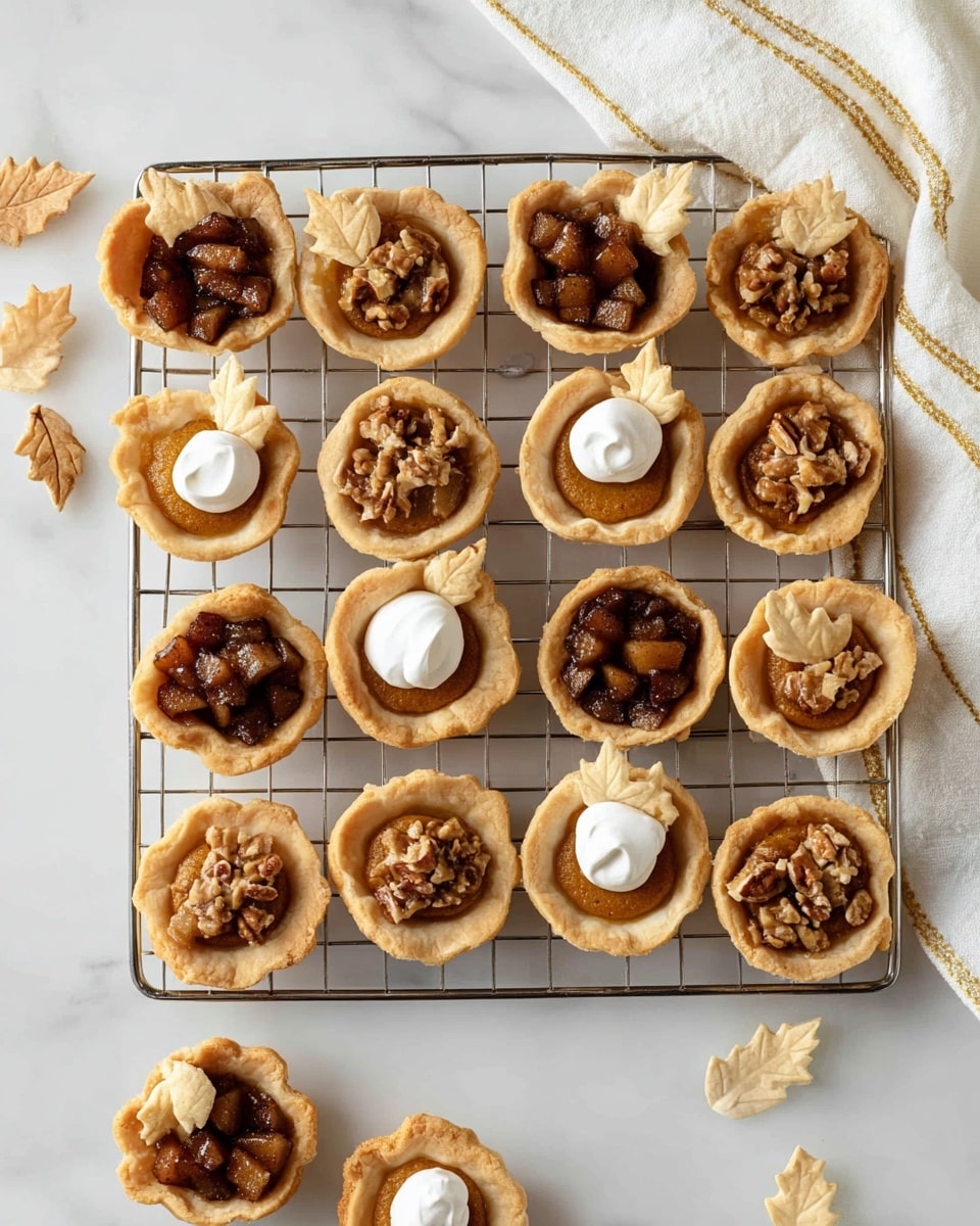 A group of small pie tarts with thick, golden-brown crusts arranged in a row on a white marbled surface cooling rack. Each tart has a filling of caramelized chunky apple pieces in the center, showing a mix of shiny, sticky brown sauce and soft fruit textures. Two of the tarts have a dollop of white whipped cream on top with a small baked leaf-shaped pastry decoration placed beside the cream. The close-up view highlights the rough, crumbly texture of the crust and the glossy, rich filling inside each tart. Photo taken with an iphone --ar 4:5 --v 7