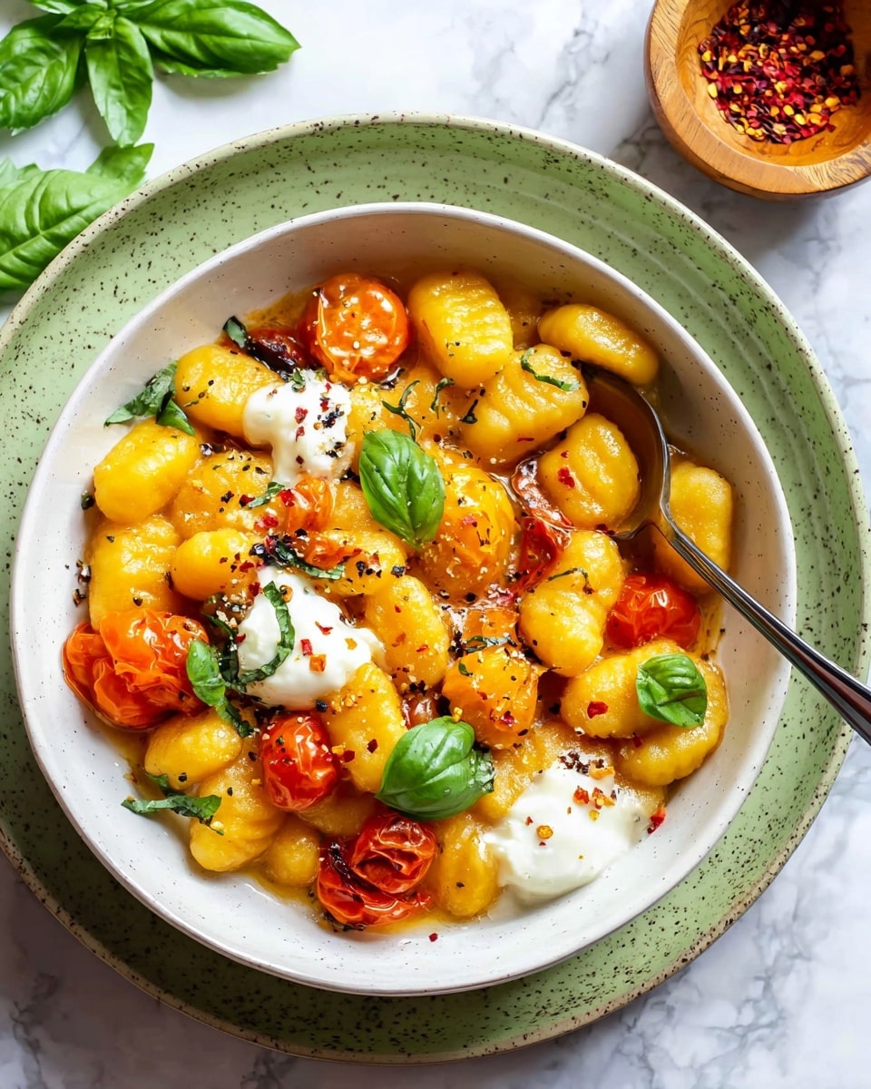 A white bowl filled with soft, golden-yellow gnocchi mixed with vibrant roasted cherry tomatoes that are bright red-orange. There are fresh green basil leaves scattered on top, adding a pop of color. Small dollops of creamy white cheese sit among the gnocchi, lightly sprinkled with black pepper and red chili flakes. The bowl is resting on a green-speckled plate with a spoon inside, and near the bowl there is a small wooden cup holding crushed red pepper flakes. The background is a white marbled texture. photo taken with an iphone --ar 4:5 --v 7