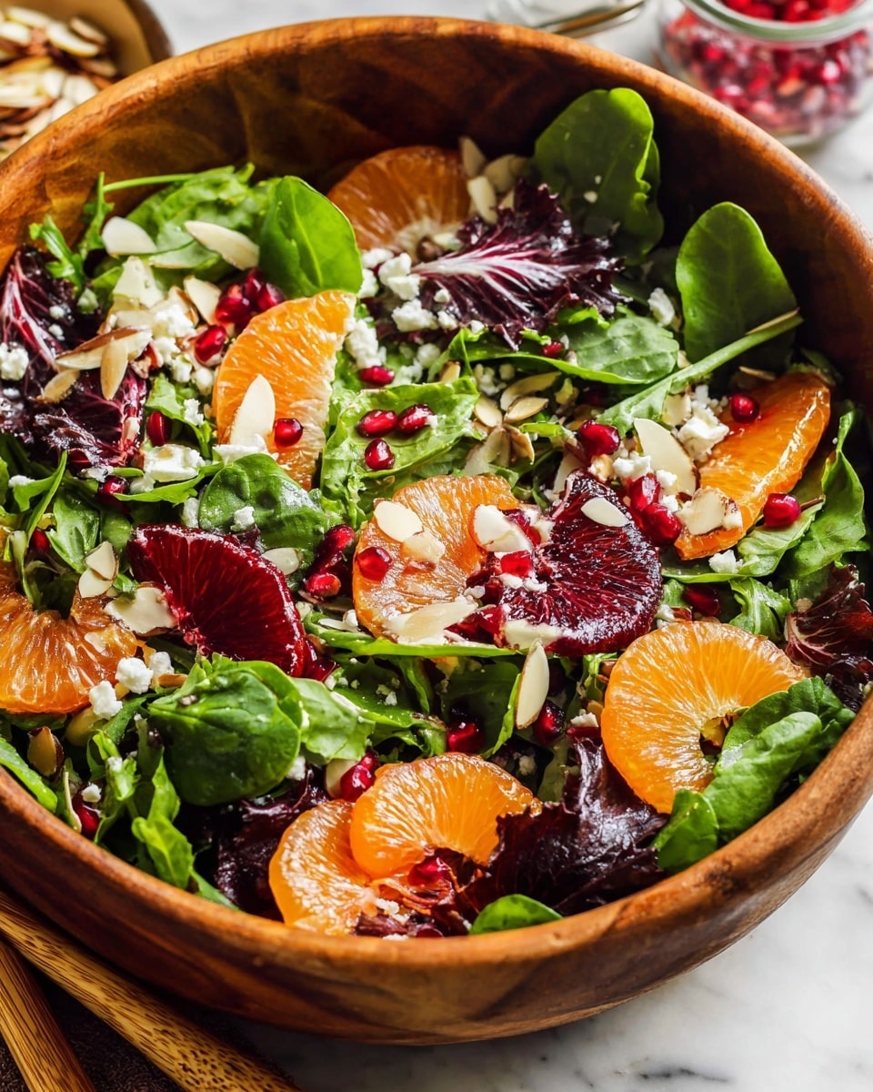 A wooden bowl filled with a fresh salad showing many layers: the first layer has mixed dark purple and bright green leafy greens, with fresh spinach and arugula visible; the second layer has bright orange and deep red citrus slices placed all around, adding a juicy and colorful look; scattered on top are small, white crumbles of cheese and thin, light beige almond slices, adding texture and contrast; tiny bright red pomegranate seeds are spread evenly over everything, giving a pop of color. The bowl sits on a white marbled surface with a pair of chopsticks and a small glass jar visible in the background. photo taken with an iphone --ar 4:5 --v 7