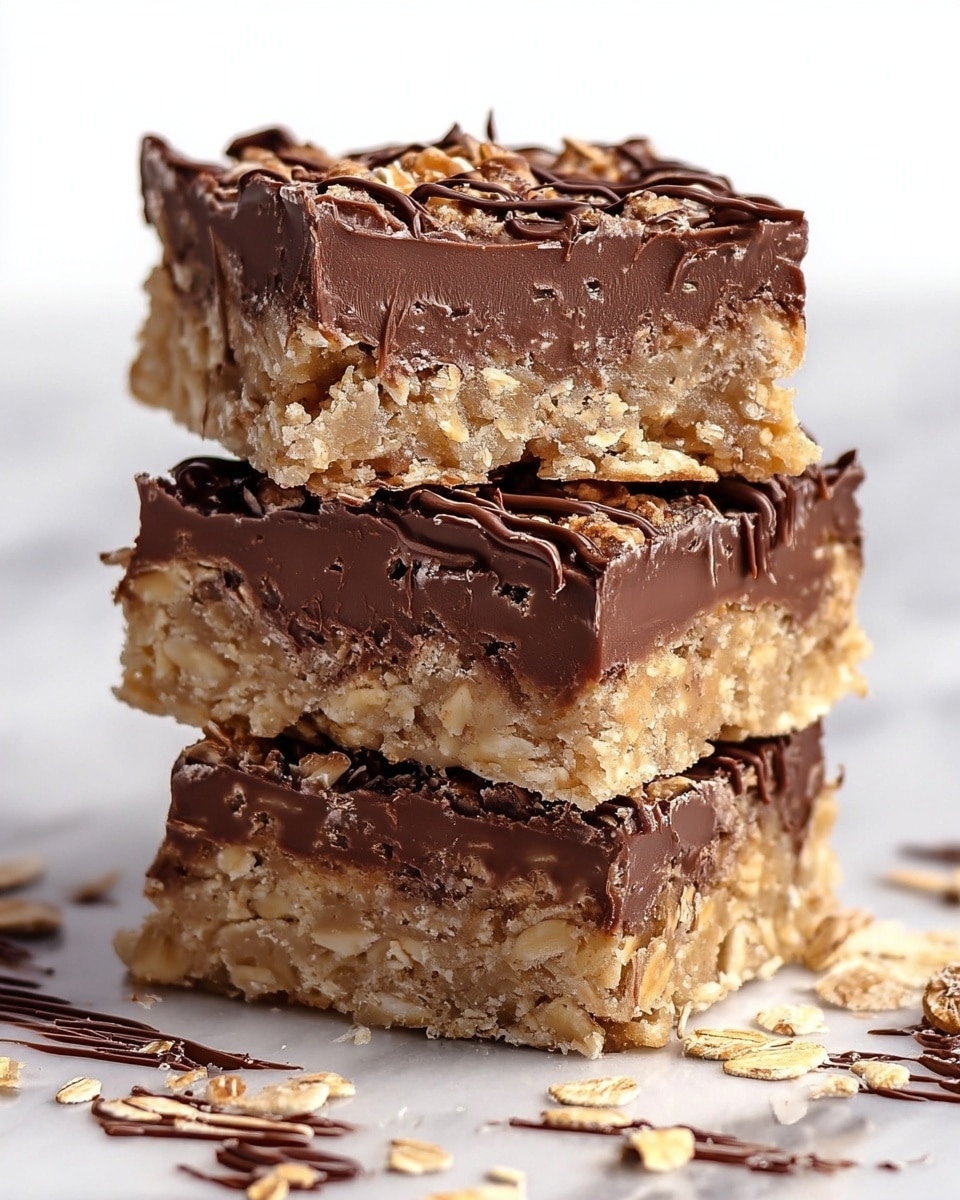 Three stacked dessert bars are shown, each bar having three layers. The bottom and top layers are a light beige, crumbly oat mixture, looking rough and slightly crunchy. The middle layer is thick and smooth chocolate, rich and creamy, filling the space fully between the oat layers. The top oat layer is drizzled with dark chocolate in uneven lines. Some oat pieces are scattered around the base on a white marbled surface. The focus is on the textures and the contrast between the creamy chocolate and crumbly oats. Photo taken with an iphone --ar 4:5 --v 7