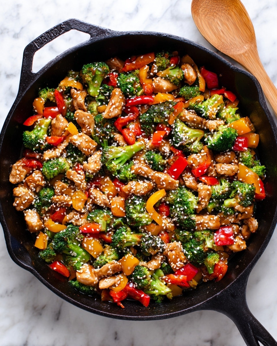 A black cast iron skillet filled with a colorful stir-fry consisting of three main layers: brightly colored chunks of red and yellow bell peppers as the base layer, tender pieces of light brown cooked chicken scattered evenly on top, and vibrant green broccoli florets mixed throughout. The dish is coated in a glossy sauce that adds shine and sprinkled with small white sesame seeds for texture. The skillet is placed on a white marbled surface with a wooden spoon positioned to the top right side. photo taken with an iphone --ar 4:5 --v 7