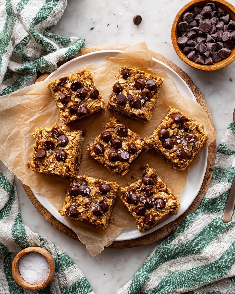 Seven square oat bars are arranged on a round white plate lined with light brown parchment paper, each bar topped with melted dark chocolate chips and sprinkled with coarse salt. The bars have a golden-brown color with a slightly textured oat surface, and some chocolate chips appear glossy and partially melted. The plate sits on a white marbled surface next to a green and white striped cloth, with a small white bowl filled with chocolate chips nearby and a wooden bowl of coarse salt and spoon in the corner. photo taken with an iphone --ar 4:5 --v 7