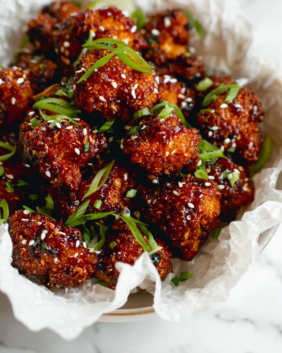 The image shows a close-up of small crispy fried cauliflower bites covered in a dark, sticky glaze. Each piece has a rough and crunchy texture with a reddish-brown glossy coating. Scattered on top are small white sesame seeds and bright green chopped scallions, adding color contrast. The bites are placed in a white bowl lined with white parchment paper with a soft crinkled texture. The background is a white marbled surface. photo taken with an iphone --ar 4:5 --v 7