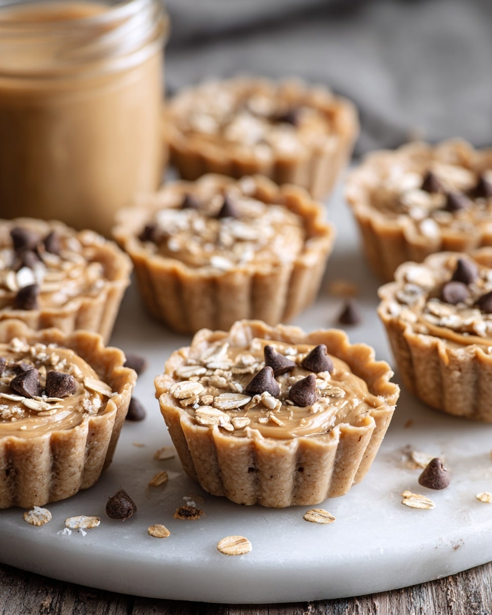 The image shows a group of small tart-like treats arranged on a white marbled surface. Each tart has a light brown, smooth base with scalloped edges and is filled with a creamy, light brown topping. On top of the creamy layer, there are scattered oats and a few chocolate chips, adding texture and color contrast. The tarts are close to each other, some slightly blurred in the background, giving a cozy and inviting feel. A jar filled with a similar creamy substance is partially visible in the upper left corner. photo taken with an iphone --ar 4:5 --v 7