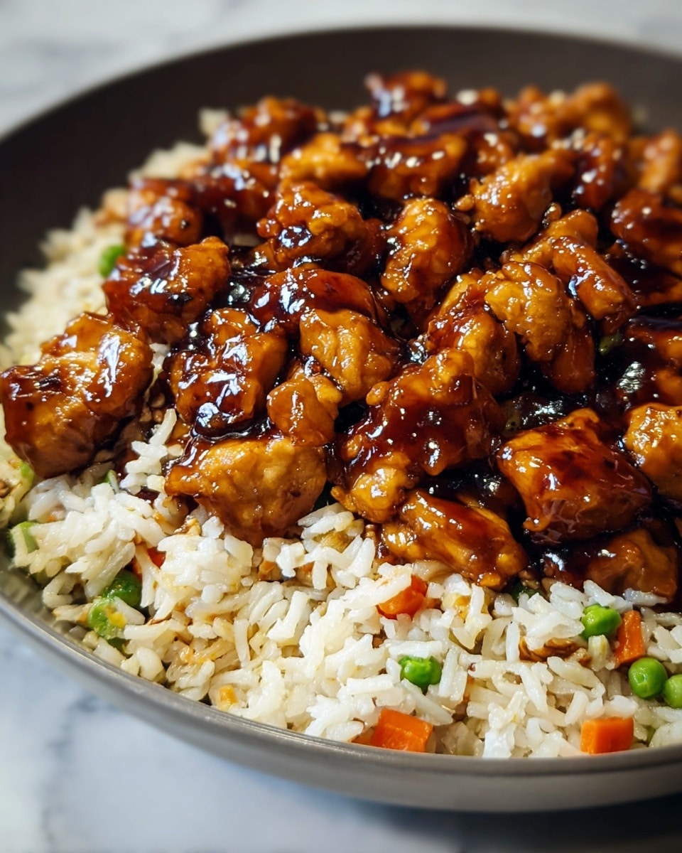 The dish shows two layers: the bottom layer is fried rice with white grains mixed with small pieces of orange carrots and green peas, giving a soft and slightly chunky texture. On top, there is a thick layer of glossy, golden-brown chicken pieces coated in a dark, shiny sauce that looks rich and sticky. The food is served in a deep white bowl against a white marbled surface, highlighting the warm tones of the chicken and rice. photo taken with an iphone --ar 4:5 --v 7