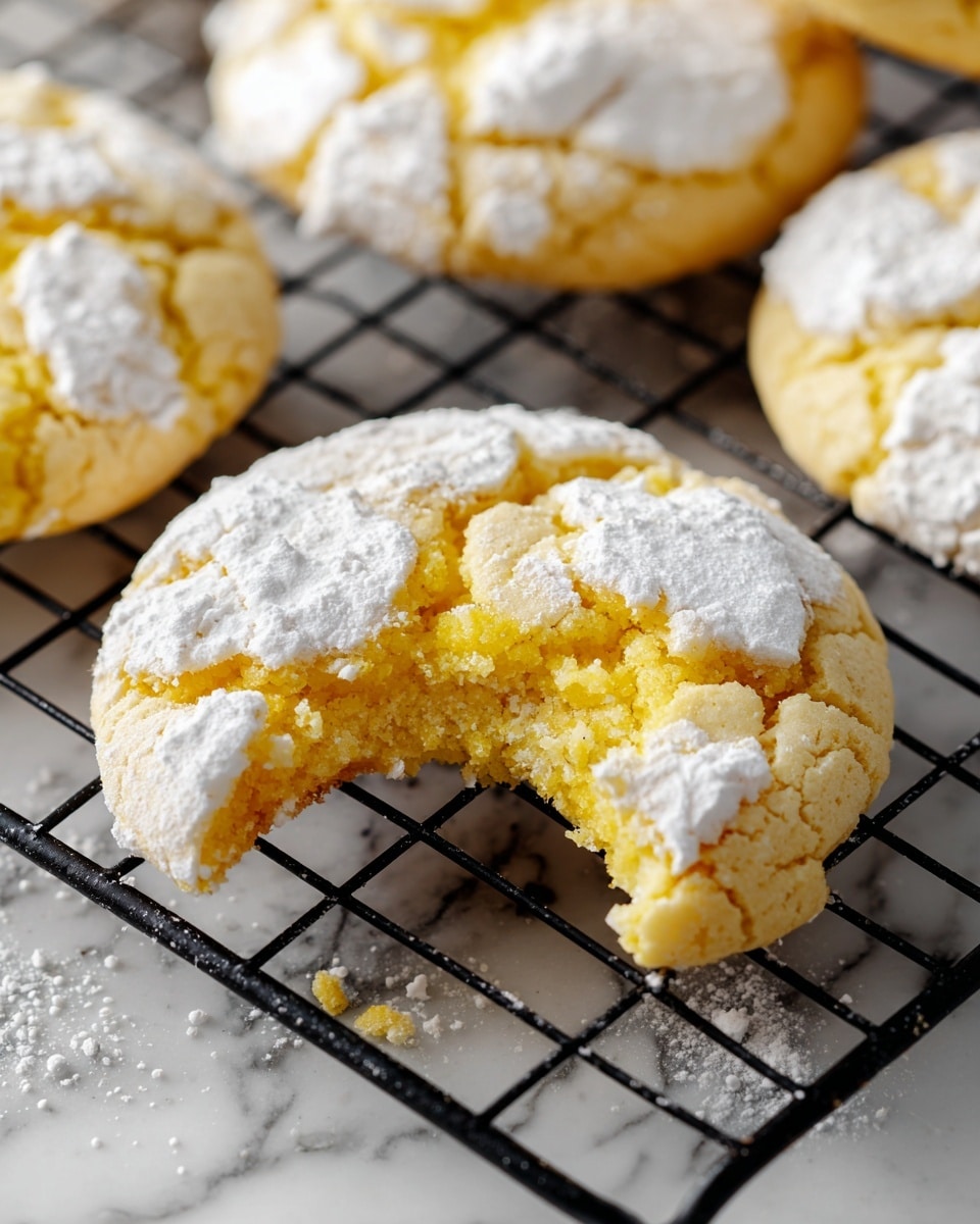 A close-up view of a soft, round cookie with a cracked texture, resting on a black cooling rack against a white marbled surface. The cookie shows a bright yellow base layer with a thick, uneven white powdered topping that highlights the cracks and crumbles. One cookie has a bite taken out of it, revealing a soft and chewy inside with a mix of yellow and white textures. The overall look is rustic and homemade, with slight crumbs scattered around the rack. photo taken with an iphone --ar 4:5 --v 7