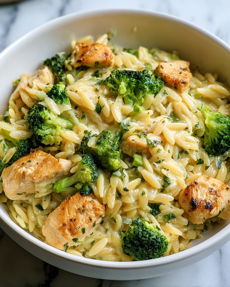 A white bowl filled with a creamy pasta dish that has three main layers: bright green broccoli florets, small chunks of golden-brown cooked chicken, and pale yellow orzo pasta coated in a glossy, creamy sauce with green herb bits scattered throughout. The broccoli pieces are mixed evenly with the orzo, and the chicken chunks sit mostly on top, showing a lightly seared texture. The dish sits on a white marbled surface, with soft natural light highlighting the textures and colors. photo taken with an iphone --ar 4:5 --v 7