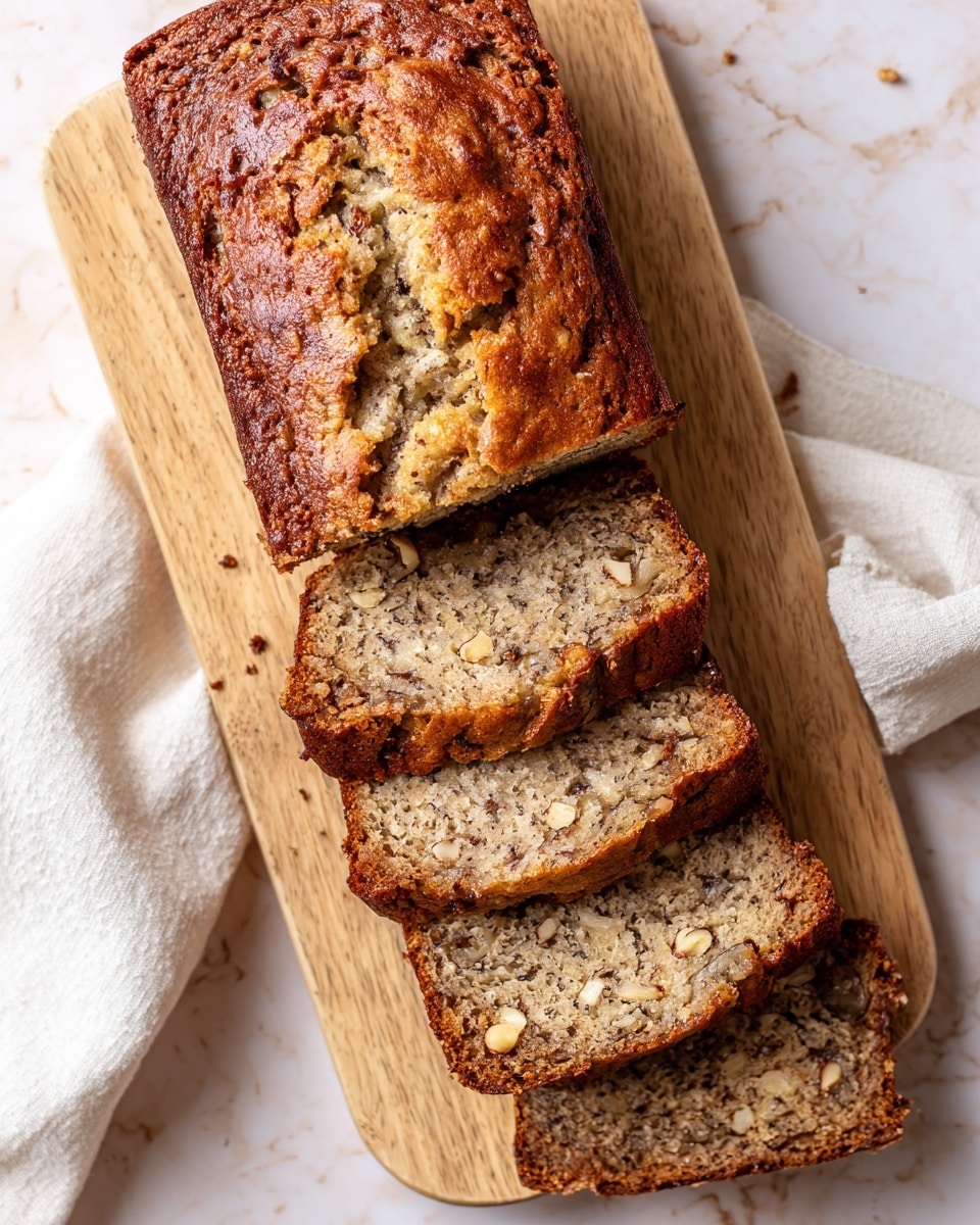 A loaf of banana bread is sliced into even pieces and placed on a light wooden board. The bread has a moist texture with a light brown inside speckled with darker bits, showing the mashed bananas and nuts. The top crust is darker brown, slightly rough with a crisp look. One slice is lying flat next to the loaf, showing its soft crumb and texture clearly. The board is on a white marbled surface with a white cloth partially visible nearby. Photo taken with an iphone --ar 4:5 --v 7
