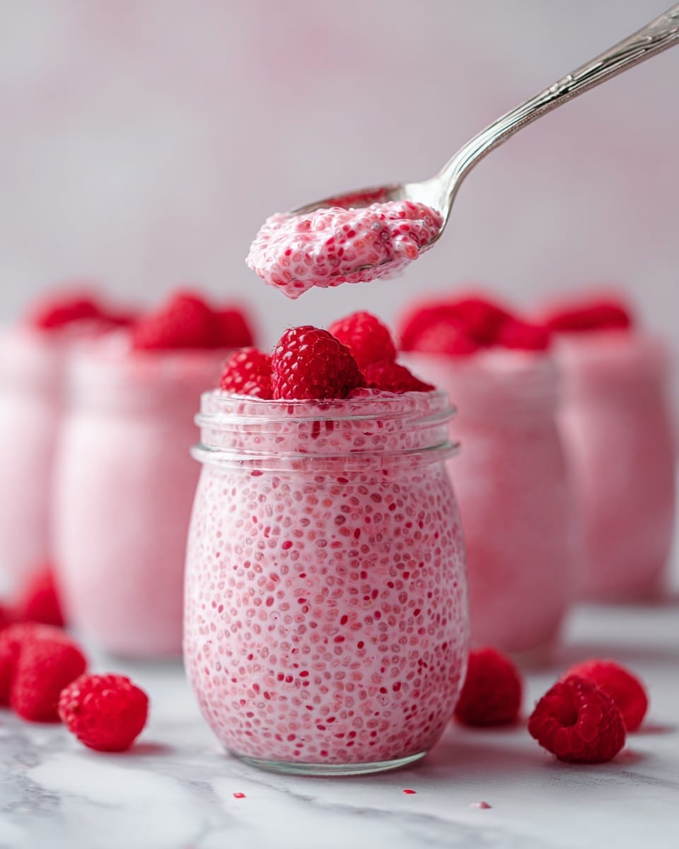 A clear glass bowl filled with a bright pink, creamy liquid layer that looks smooth with tiny visible bubbles, topped with a central mound of black chia seeds scattered slightly outward, all placed on a white marbled surface. The contrast between the pink base and the dark seeds draws attention to the center, creating a simple yet visually appealing dish. Photo taken with an iphone --ar 4:5 --v 7