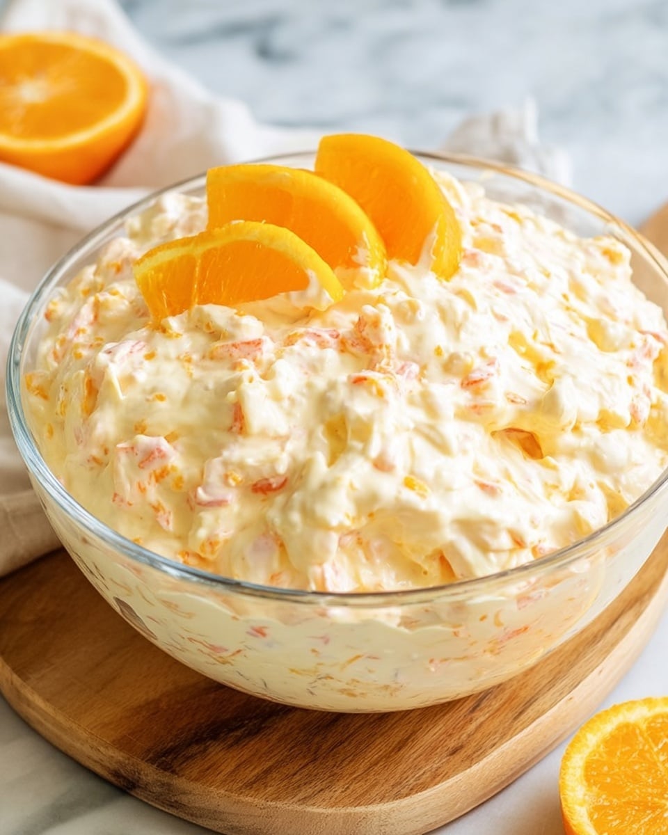 A clear glass bowl filled with a creamy, fluffy mixed orange salad that has small chunks and flecks of orange and white visible throughout. The top layer is uneven with soft, whipped peaks, and two bright orange slices placed neatly on the center for decoration. The bowl is set on a wooden board resting on a white marbled surface with a halved orange nearby. photo taken with an iphone --ar 4:5 --v 7