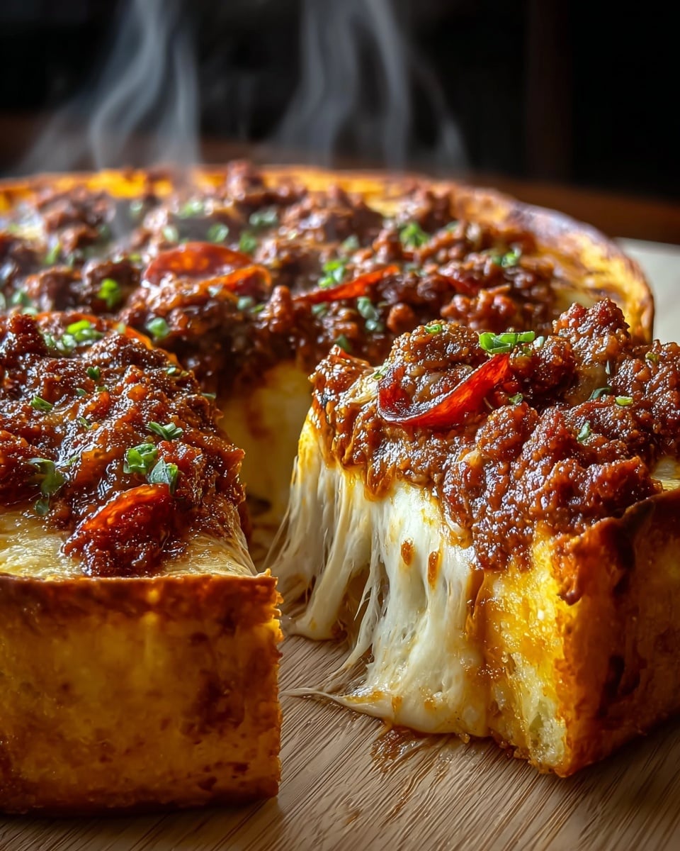 A thick deep-dish pizza is shown with one slice being pulled out, revealing three main layers: a thick, golden-brown crust on the bottom with a slightly crispy edge, a middle layer of melted white and yellow cheese stretching as the slice is lifted, and a top layer of rich, chunky brown meat sauce with red pepperoni slices scattered throughout, garnished with small green herbs. The pizza sits on a light wooden surface with steam rising from the hot cheese and sauce. Photo taken with an iphone --ar 4:5 --v 7