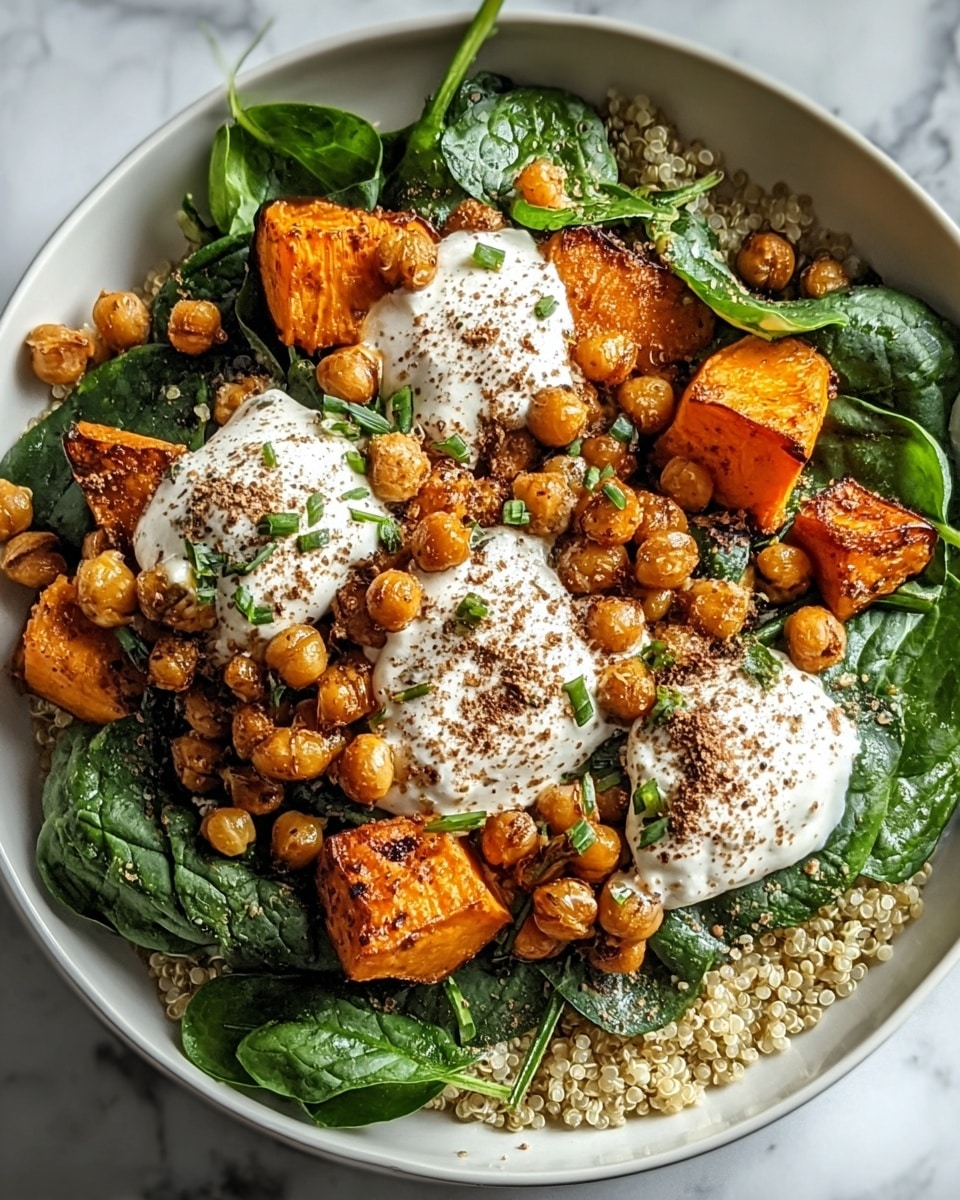 The dish is served in a white bowl resting on a white marbled surface. At the bottom, there is a layer of small, round, light beige quinoa grains. On top of the quinoa, fresh dark green spinach leaves are spread evenly. Next, bright orange roasted sweet potato cubes with slightly charred edges are scattered across the spinach. Light brown, crispy roasted chickpeas are sprinkled all over, adding texture. Dollops of thick, creamy white sauce are placed in the center, with a light dusting of brown spices over the sauce and chickpeas, garnished with a few small pieces of chopped green herbs. The overall look is colorful, fresh, and wholesome. photo taken with an iphone --ar 4:5 --v 7