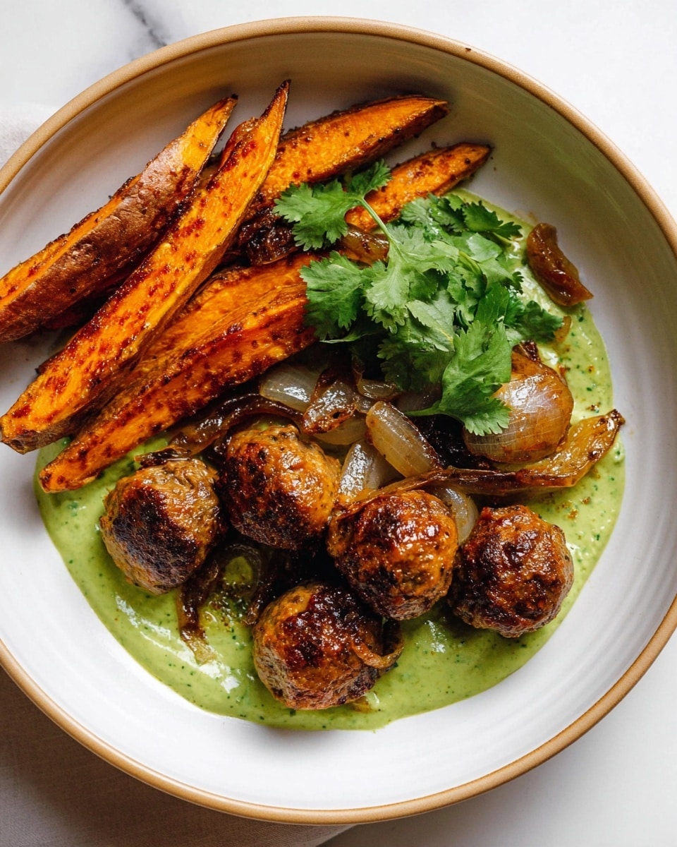 A white bowl holds the dish with a base layer of pale green sauce spread thinly along the bottom. On top, there are several browned meatballs with a slightly crispy texture, arranged closely together on one side. Next to the meatballs, there are thin, roasted orange carrot slices with charred edges and some caramelized thin onion slices, giving a mix of brown and golden colors. Near the back, fresh green herb leaves add a touch of color and freshness. A gold fork is placed diagonally, piercing one meatball. The background is a white marbled surface. photo taken with an iphone --ar 4:5 --v 7