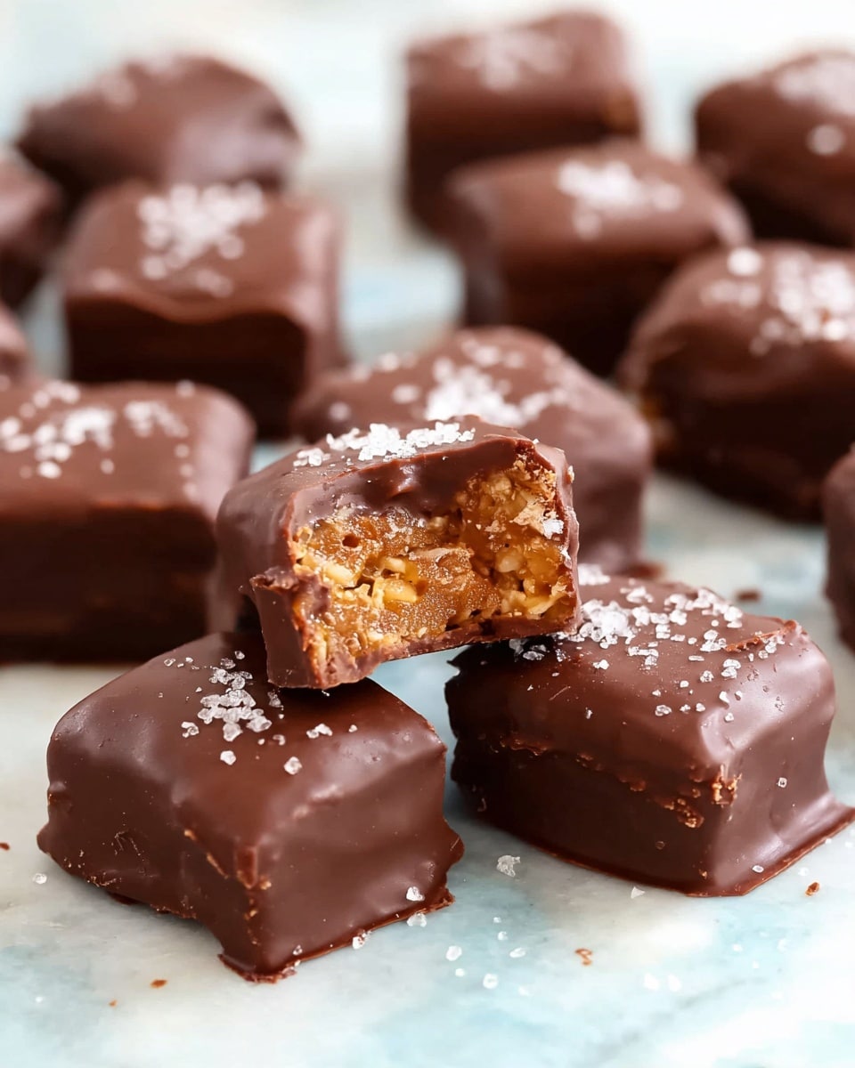 This image shows several small square treats coated in smooth, dark chocolate with a slight shine. Each piece is a single layer, with the chocolate layer covering the whole outside. One piece is cut in half and resting on top of another, revealing an inside layer of crunchy, golden caramel mixed with small nut pieces, adding a rough texture. Some of the chocolate squares have a small sprinkle of coarse white salt on top, contrasting with the dark brown chocolate. The treats are arranged on a white marbled surface in soft focus with more pieces in the background. photo taken with an iphone --ar 4:5 --v 7