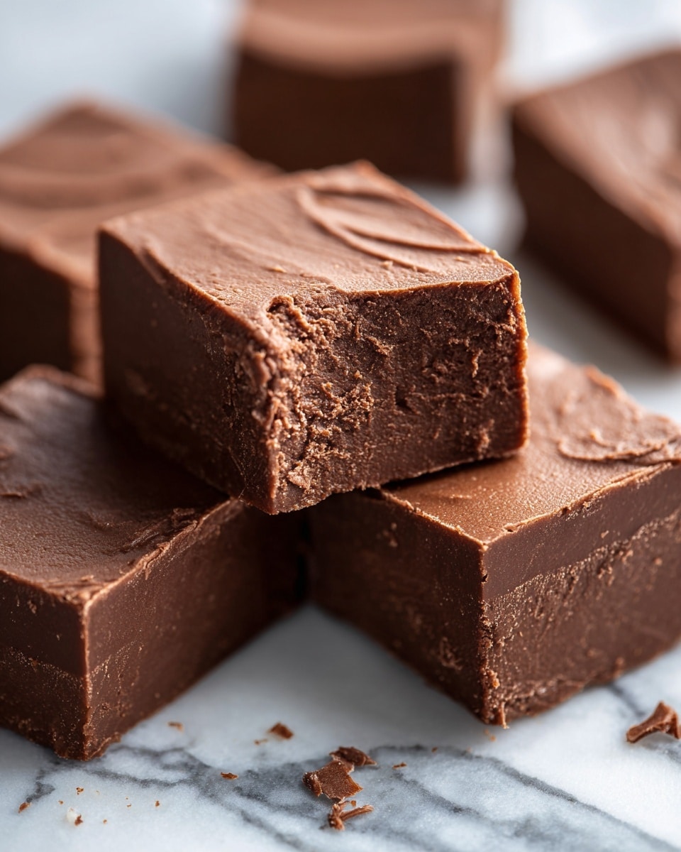 The image shows several square pieces of rich chocolate fudge arranged on a white marbled surface. Each piece has a smooth, slightly shiny top layer with subtle cracks and a soft, dense texture visible on the sides. The fudge squares are deep brown, thick, and uniform in size, with clean edges. One piece is pulled slightly forward, showing the thickness and texture more clearly with tiny air pockets and a fudgy look. photo taken with an iphone --ar 4:5 --v 7