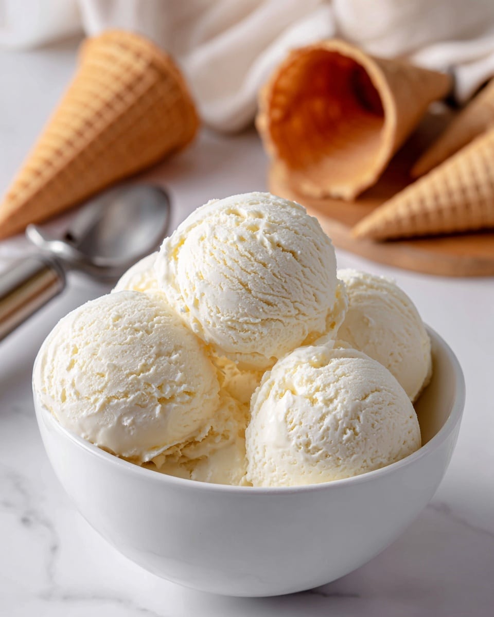 A white bowl filled with five creamy, fluffy scoops of vanilla ice cream, each scoop showing a smooth yet slightly textured surface with soft shadows highlighting the rounded edges. In the background, there is a blurred image of two vanilla ice cream scoops on light brown waffle cones, creating a warm contrast. The setting is on a white marbled surface, with a faint view of a wooden board and a metal ice cream scoop. The overall color tones are soft and light, giving a fresh and inviting feel. photo taken with an iphone --ar 4:5 --v 7