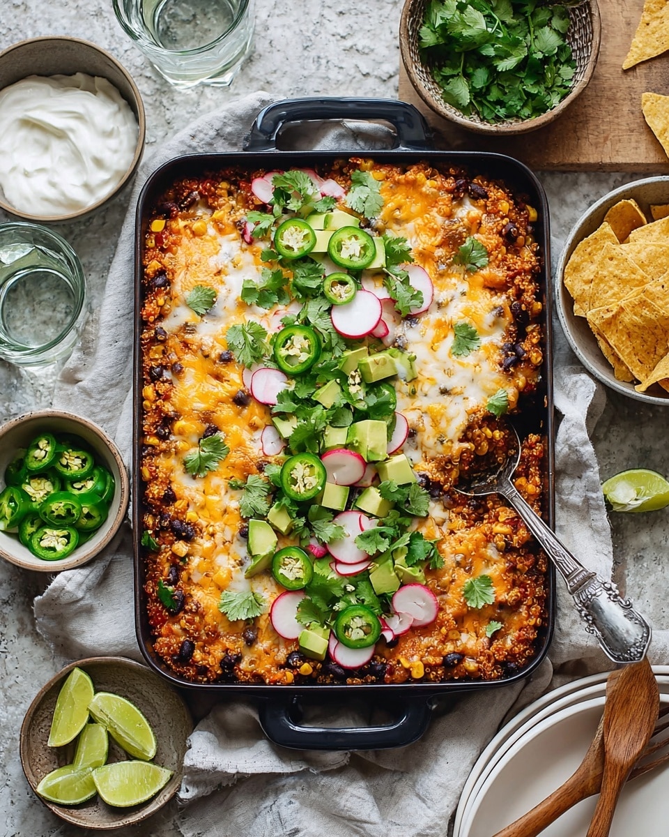 The dish is a black rectangular pan filled with a layered casserole. The bottom layer appears to be a mix of cooked quinoa, black beans, corn, and red bell pepper, giving a coarse texture with mostly orange, black, yellow, and red colors. On top of this is a melted layer of white and pale orange cheese spread evenly across the surface. The center is decorated with fresh toppings: light green avocado chunks, thinly sliced radishes with white and pink edges, sliced green jalapeños, and bright green cilantro leaves spread in a vertical line down the middle. The pan sits on a white marbled textured surface with a white cloth underneath, and around it are small bowls of sour cream and chopped green onions, a white bowl with tortilla chips, two empty clear glasses with lime wedges, and wooden serving spoons on stacked white plates. photo taken with an iphone --ar 4:5 --v 7
