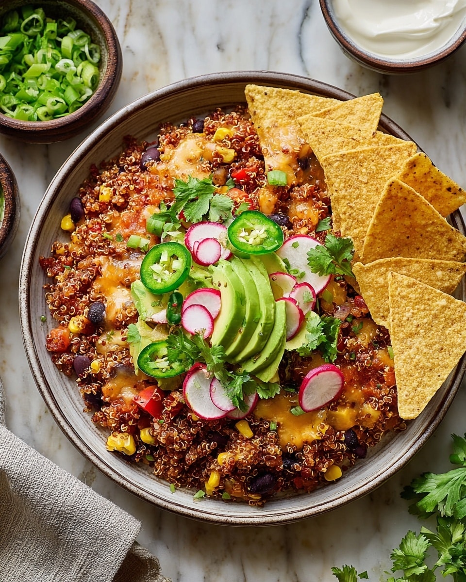 A round white plate holds a colorful dish with three layers: the bottom layer is a mix of red quinoa, black beans, yellow corn, and finely chopped red and yellow peppers giving a grainy and colorful texture; on top of that are melted cheese patches peeking through; the top layer is arranged with fresh green avocado slices, thin red radish slices, green jalapeño rings, and cilantro leaves, scattered with chopped green onions. To the right side of the plate, a stack of crispy tortilla chips leans against the quinoa mix. The plate sits on a white marbled surface with a small bowl of chopped green onions and a bowl of white creamy sauce nearby. photo taken with an iphone --ar 4:5 --v 7
