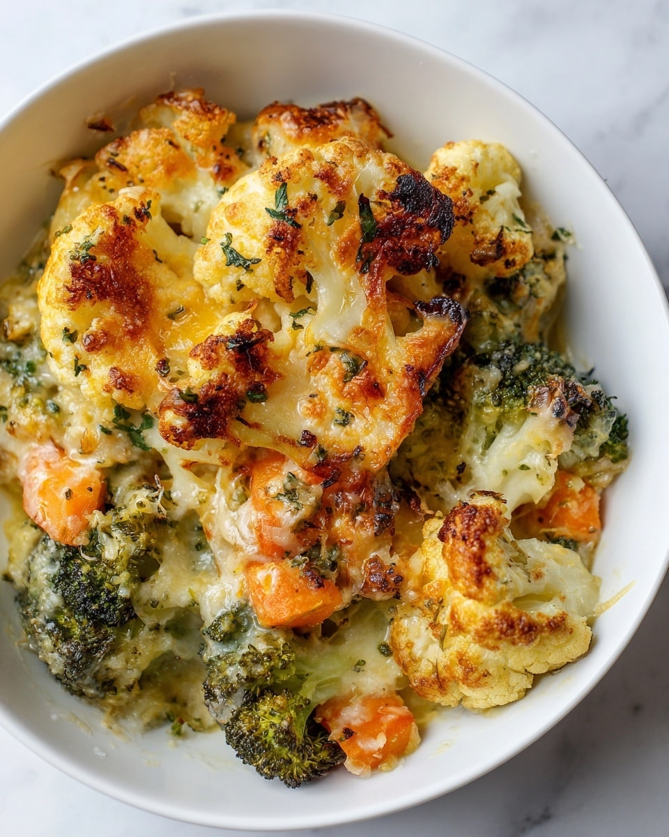 A close-up view of a white bowl filled with a vegetable gratin dish, showing at least three visible layers. The top layer has golden brown roasted cauliflower florets with a crispy, slightly bubbly cheese texture and bits of green herbs sprinkled all over. Below, there are pieces of bright green broccoli with a slightly charred texture and tender orange carrot chunks surrounded by a creamy, melted cheese sauce that binds all the vegetables together. The background is a white marbled texture. photo taken with an iphone --ar 4:5 --v 7