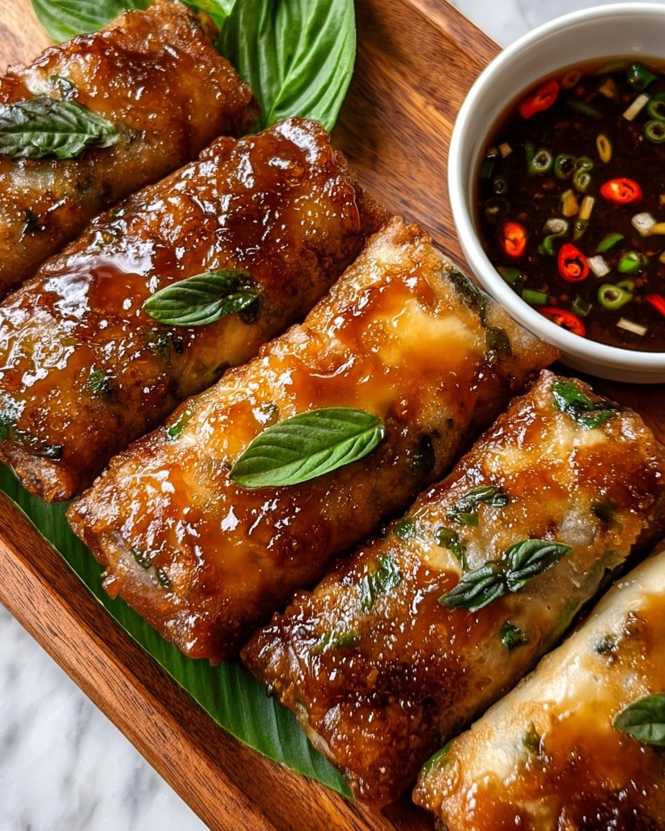 The image shows four golden-brown spring rolls arranged side by side on a wooden board, each roll glazed with a shiny sauce and topped with fresh green basil leaves. The spring rolls have a slightly crispy texture, with some parts more browned than others, and they look juicy. To the right side of the board, there is a white bowl filled with a dark dipping sauce that has small pieces of red and green chili slices floating in it. A large green leaf is partially visible under the bowl, all set against a white marbled background. photo taken with an iphone --ar 4:5 --v 7
