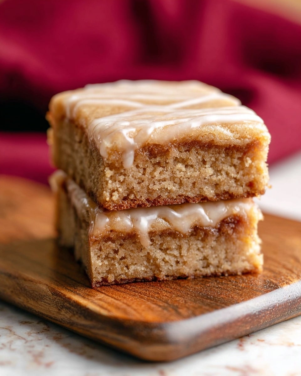 The image shows two square cake pieces stacked on a wooden board placed on a white marbled surface. The cake has two layers, both light brown with a moist texture. Between the layers and on top is a thin, shiny, light beige glaze with a slightly smooth texture. The background is softly blurred with a deep red cloth in the upper part of the image. Photo taken with an iphone --ar 4:5 --v 7