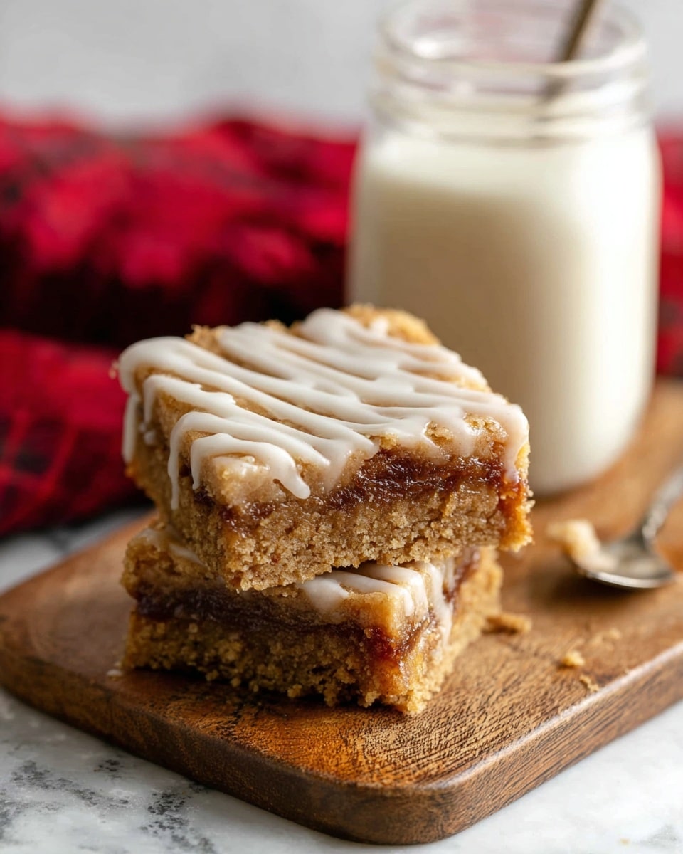 The image shows two square pieces of a moist, brown dessert stacked on a wooden board, each piece having two layers with a darker, gooey filling in the middle. The top layer has a light white drizzle glaze with a slightly shiny texture, creating a contrast with the soft, crumbly brown cake below. Behind the dessert, there is a small clear jar filled with white milk and a spoon inside it. The setting is on a white marbled surface, with a blurred red cloth in the background. Photo taken with an iphone --ar 4:5 --v 7