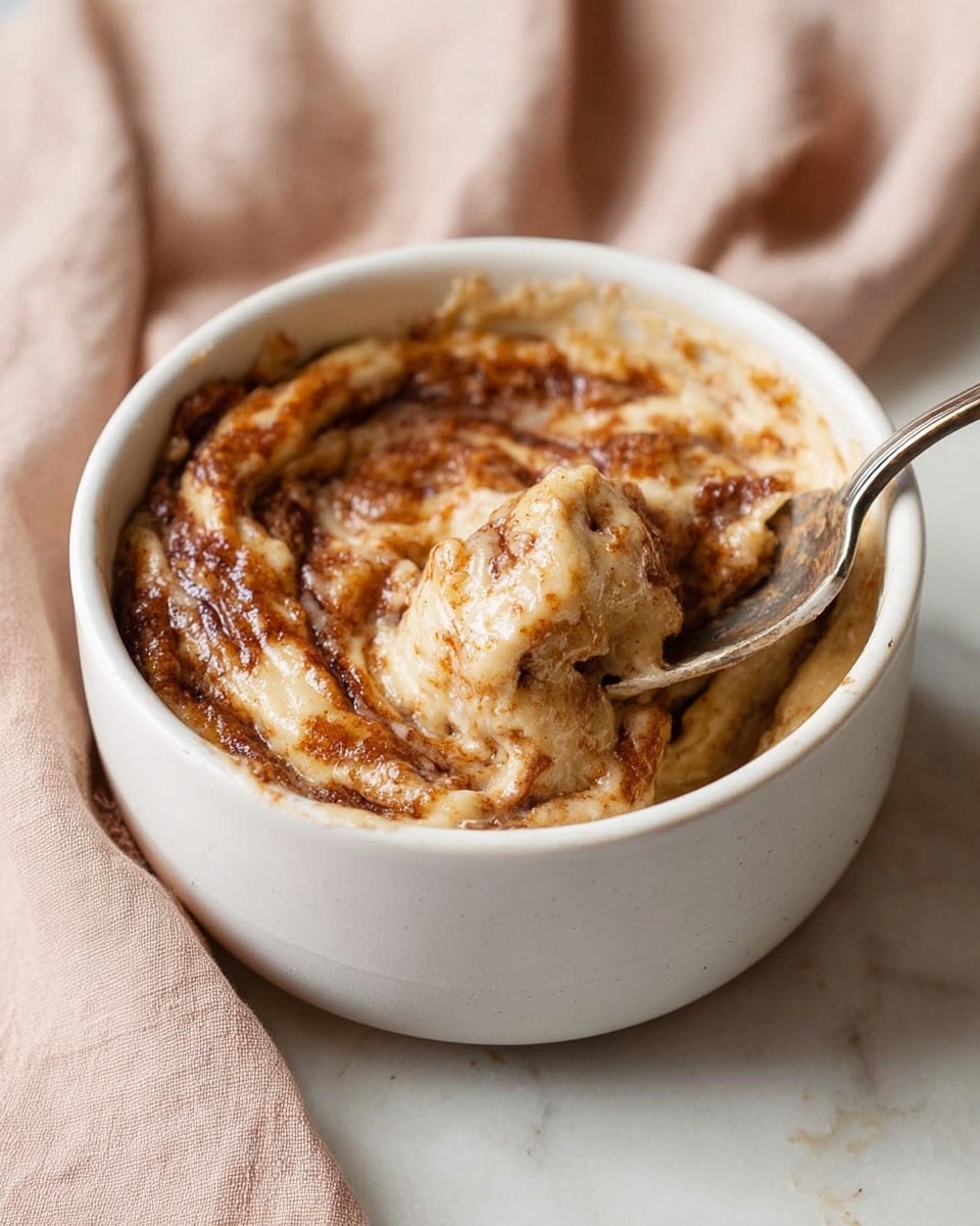 A white ceramic bowl filled with a gooey, swirled dessert that has two main layers: a light, soft dough-like base with a pale beige color, and a darker, richly textured cinnamon layer mixed throughout, creating a marbled effect. The top has a shiny, slightly melted glaze covering the swirls. A tarnished silver spoon is digging into the bowl, lifting a portion that shows the gooey, moist texture of the dessert. The bowl is placed on a white marbled surface with a soft pink cloth on the left side. photo taken with an iphone --ar 4:5 --v 7