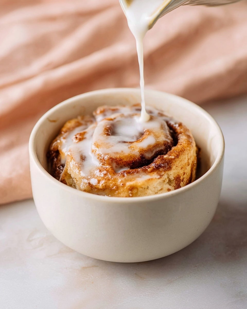 A white bowl holds a single cinnamon roll with a golden-brown, slightly crispy outer layer and soft, swirled inner layers showing a mix of light beige and cinnamon brown colors. White icing is being drizzled over the top, creating a glossy, smooth contrast against the textured roll that looks warm and fresh. The bowl sits on a white marbled surface with a light pink cloth softly blurred in the background. photo taken with an iphone --ar 4:5 --v 7